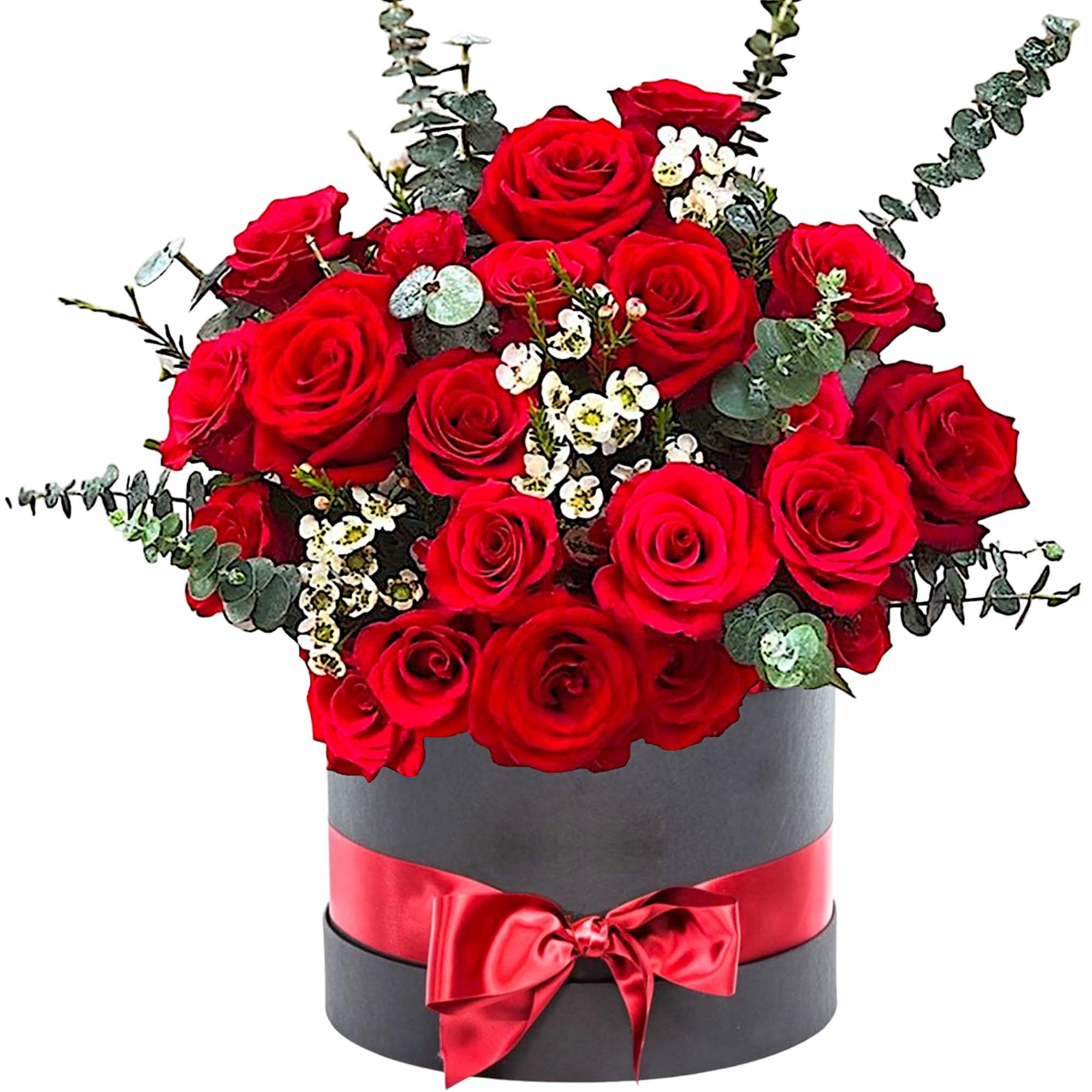 Red roses arranged in a black hatbox with a red ribbon