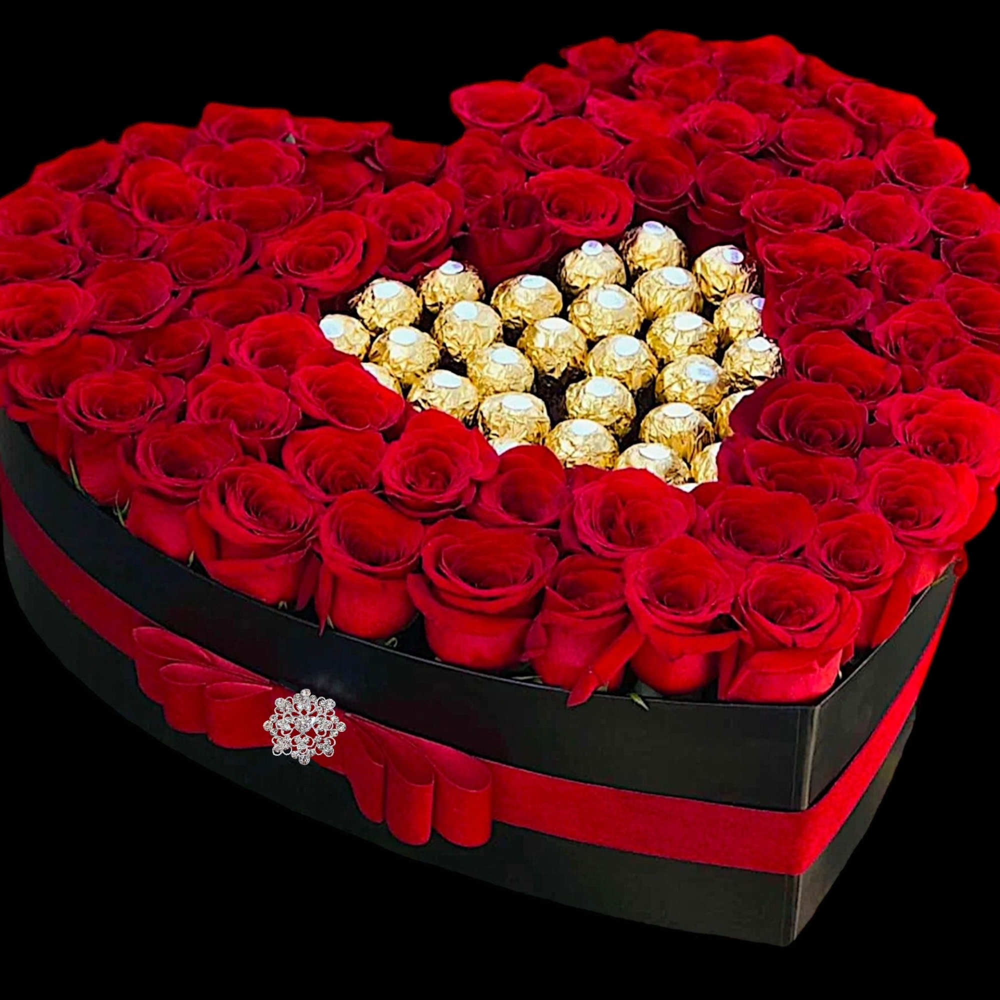 Heart-shaped box of red roses with gold-wrapped chocolates in the center, photo 3 of 4