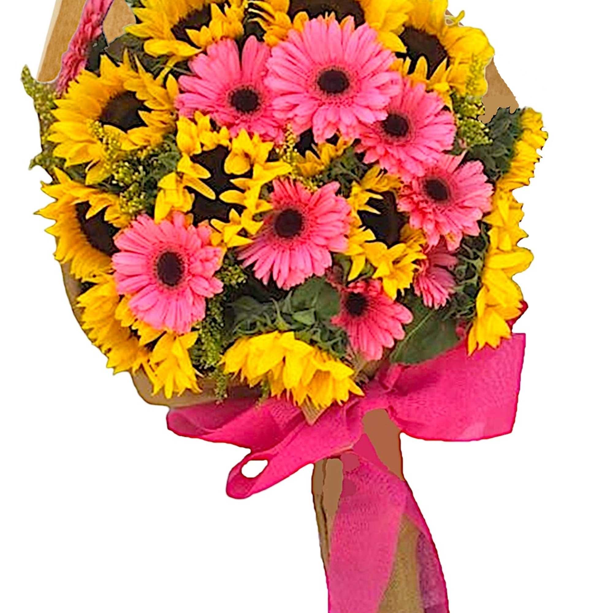 Bouquet of pink gerbera daisies and yellow sunflowers wrapped in brown paper with a pink ribbon