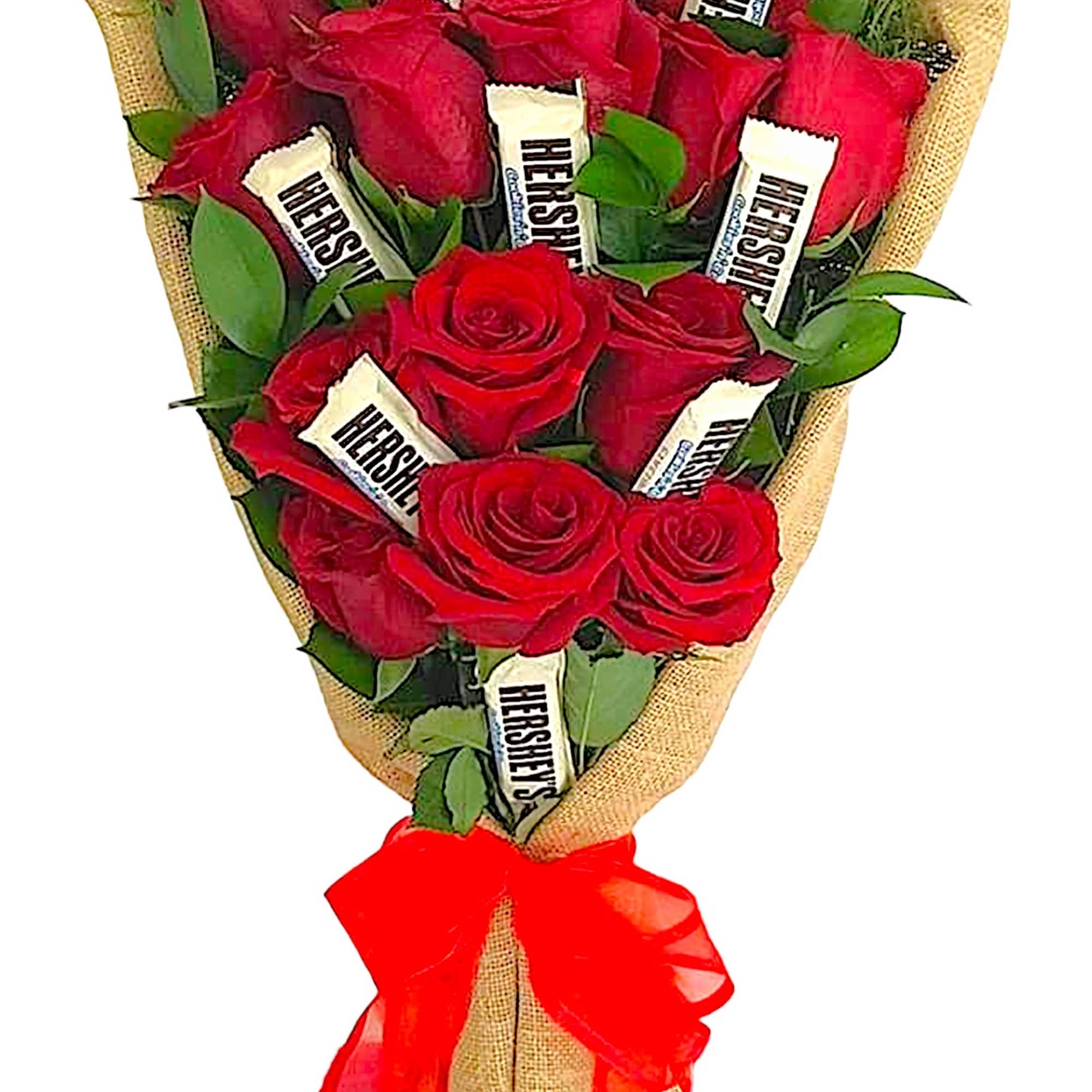 Bouquet of red roses wrapped in burlap with a red ribbon