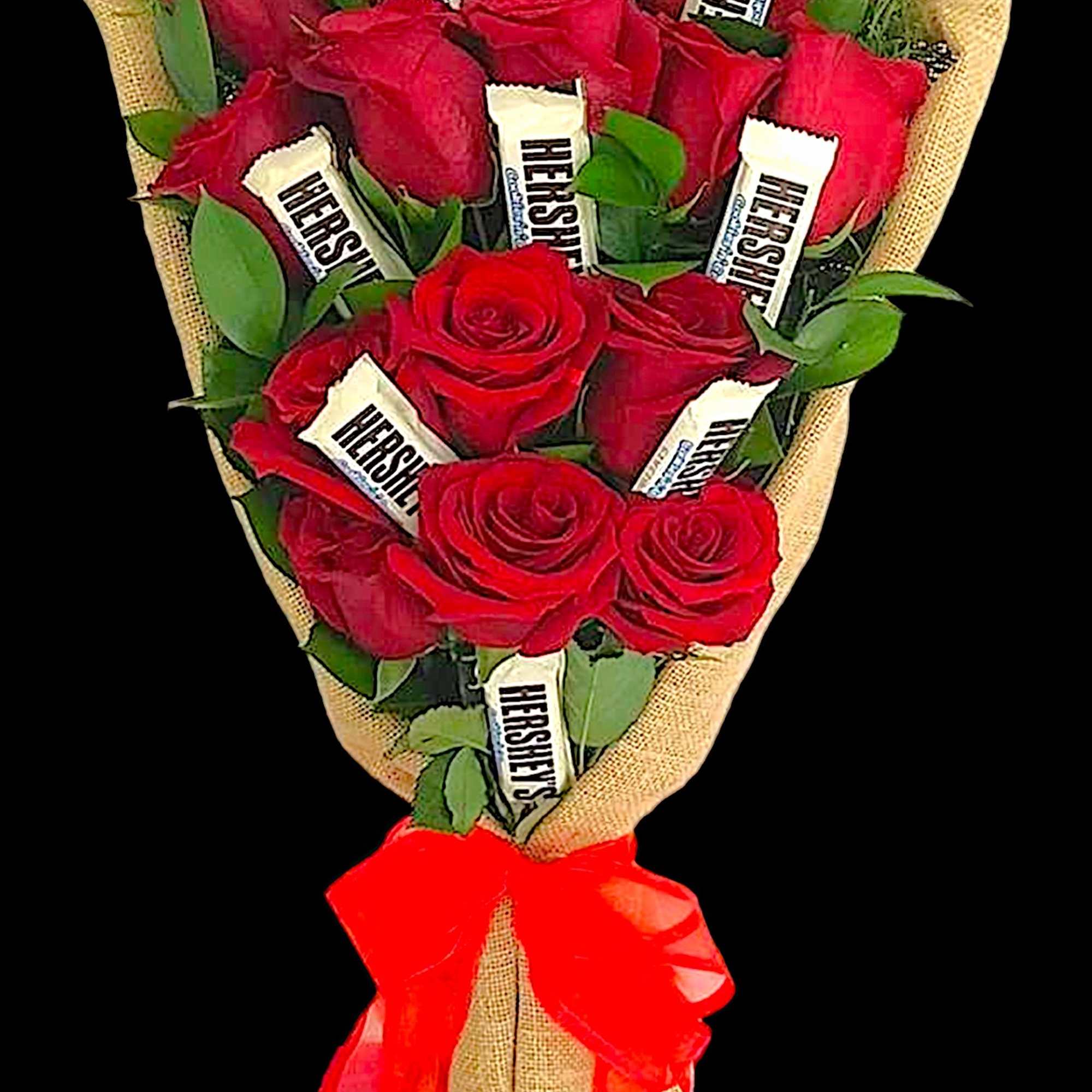 Bouquet of red roses wrapped in burlap with a red ribbon, photo 3 of 4