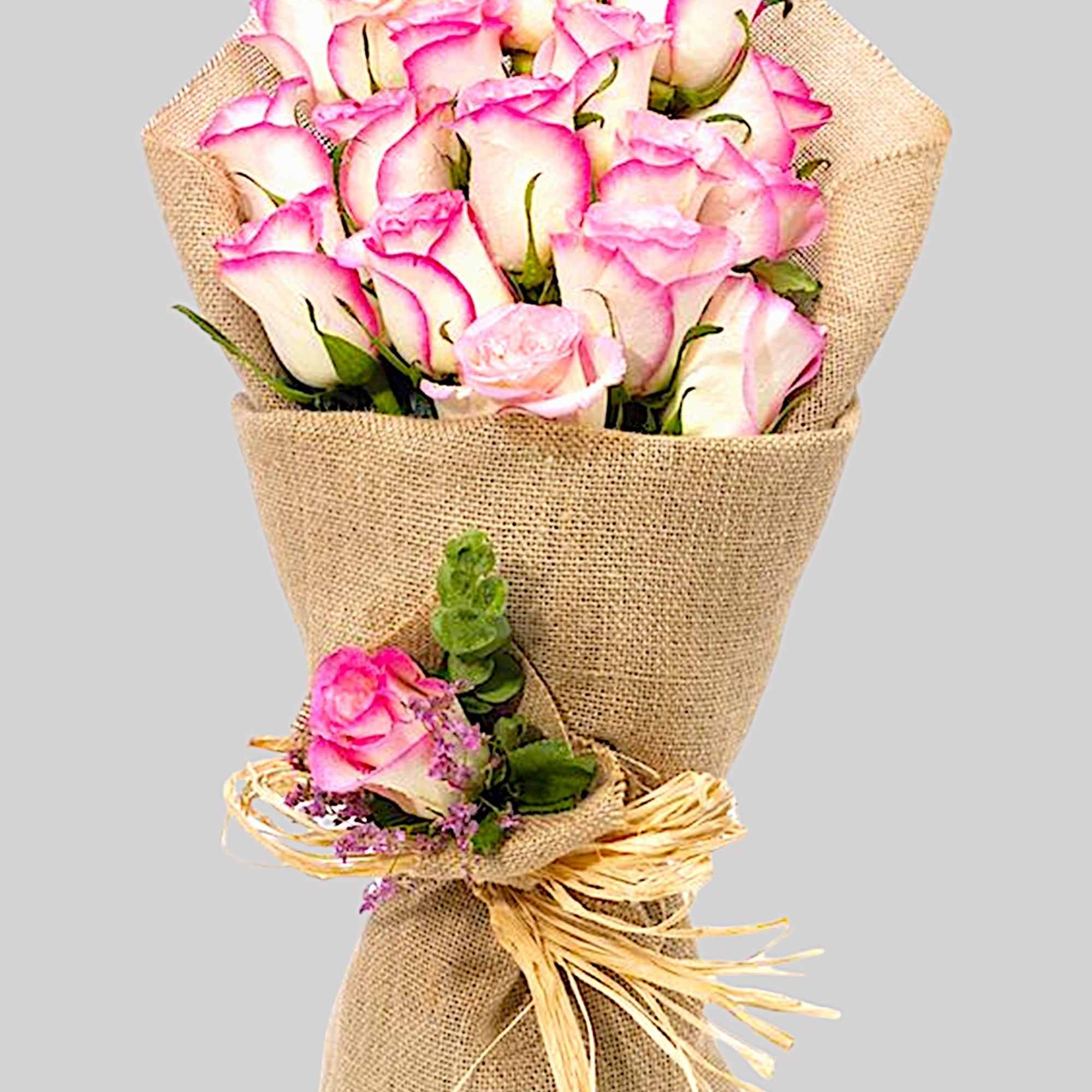 Bouquet of pink-edged white roses wrapped in burlap with a raffia bow