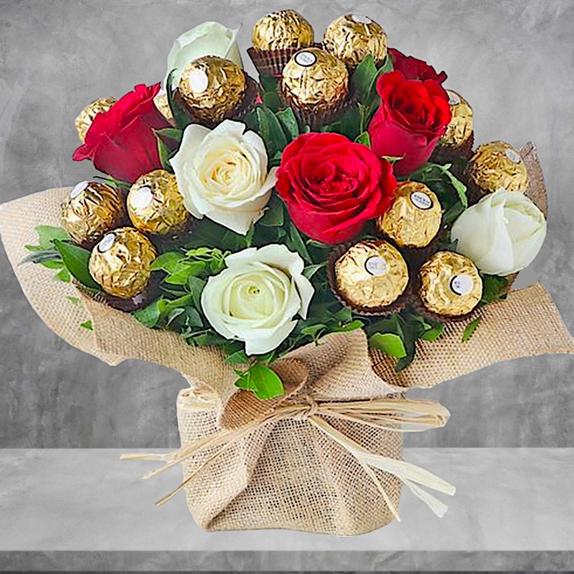 Bouquet of red and white roses with gold-wrapped chocolates in burlap, photo 2 of 4