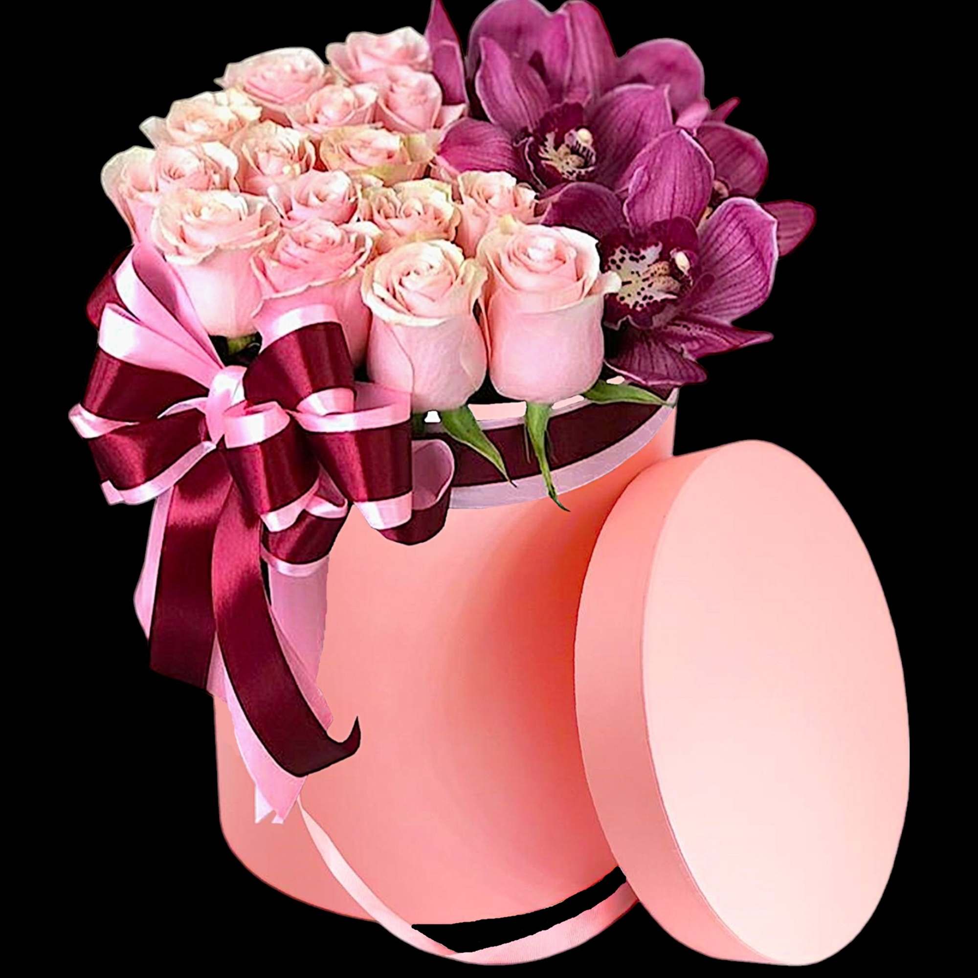 Pink roses and purple orchids in a round pink hat box with ribbon, photo 3 of 4