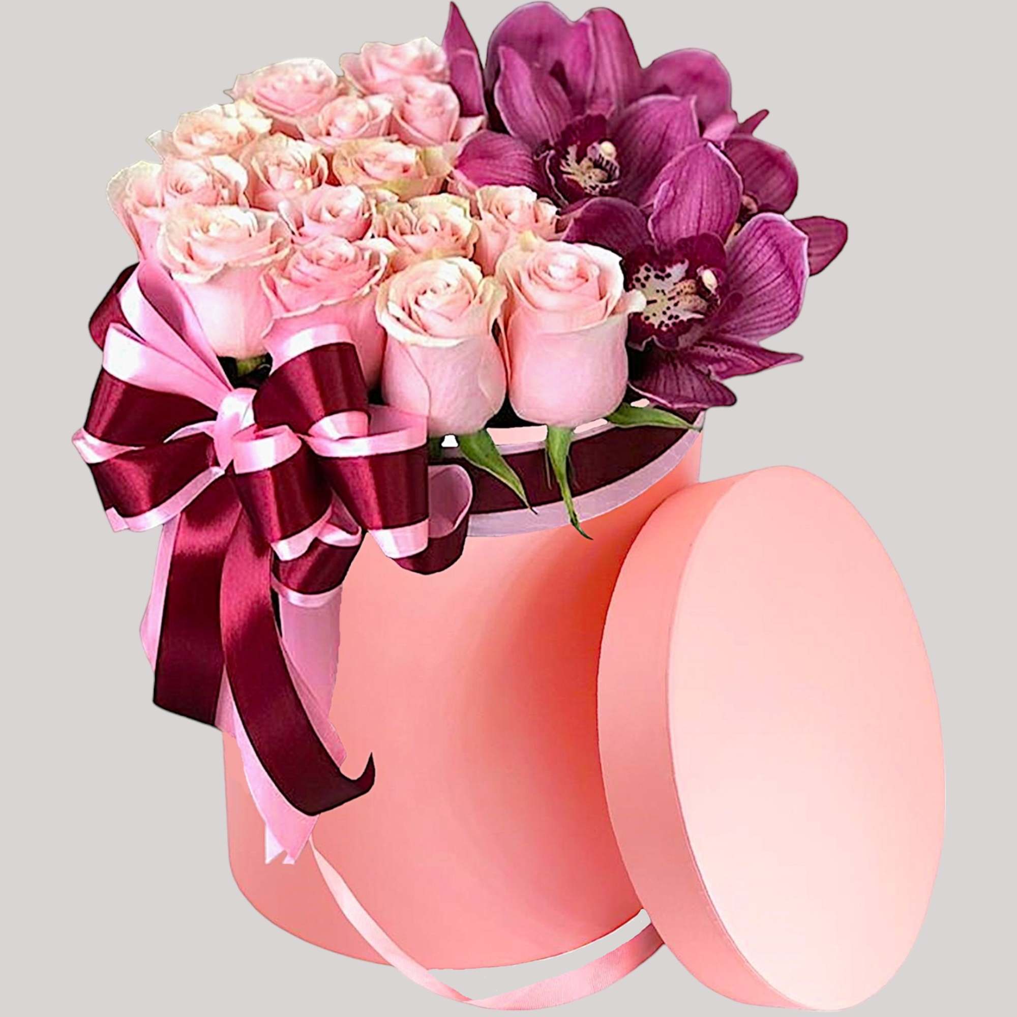 Pink roses and purple orchids in a round pink hat box with ribbon, photo 4 of 4