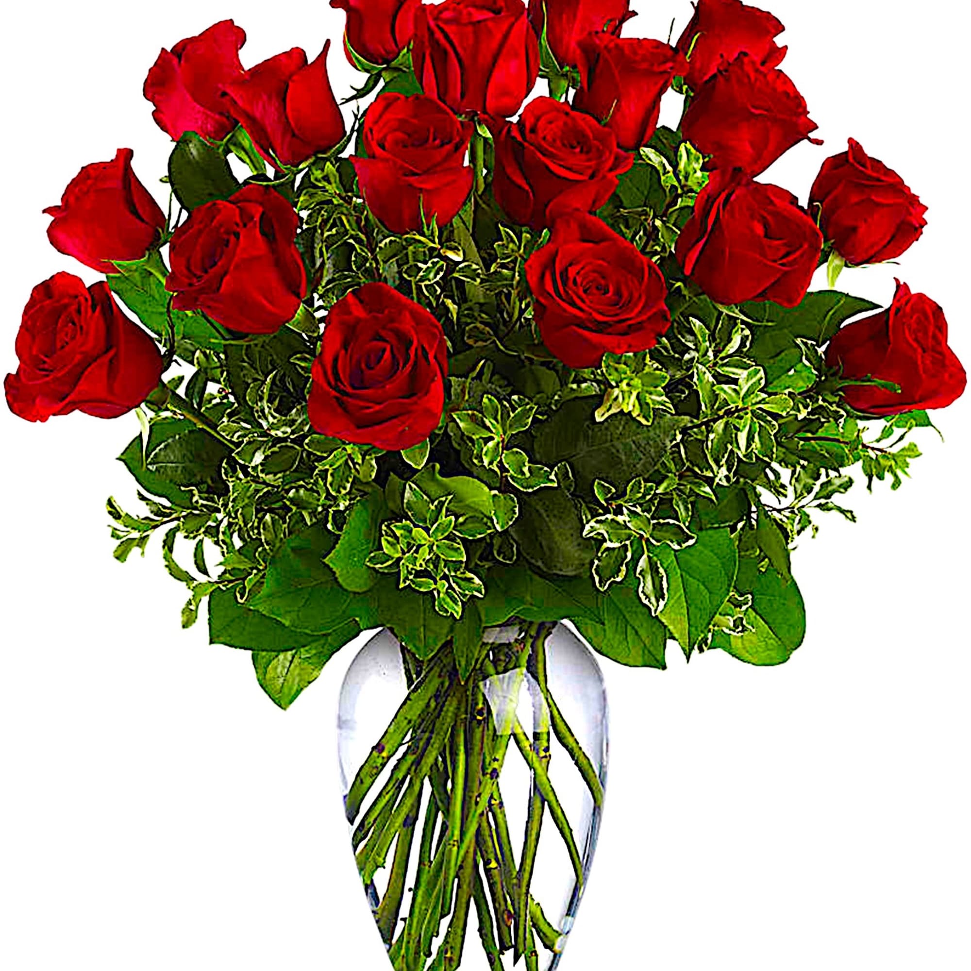 Bouquet of red roses in a clear glass vase