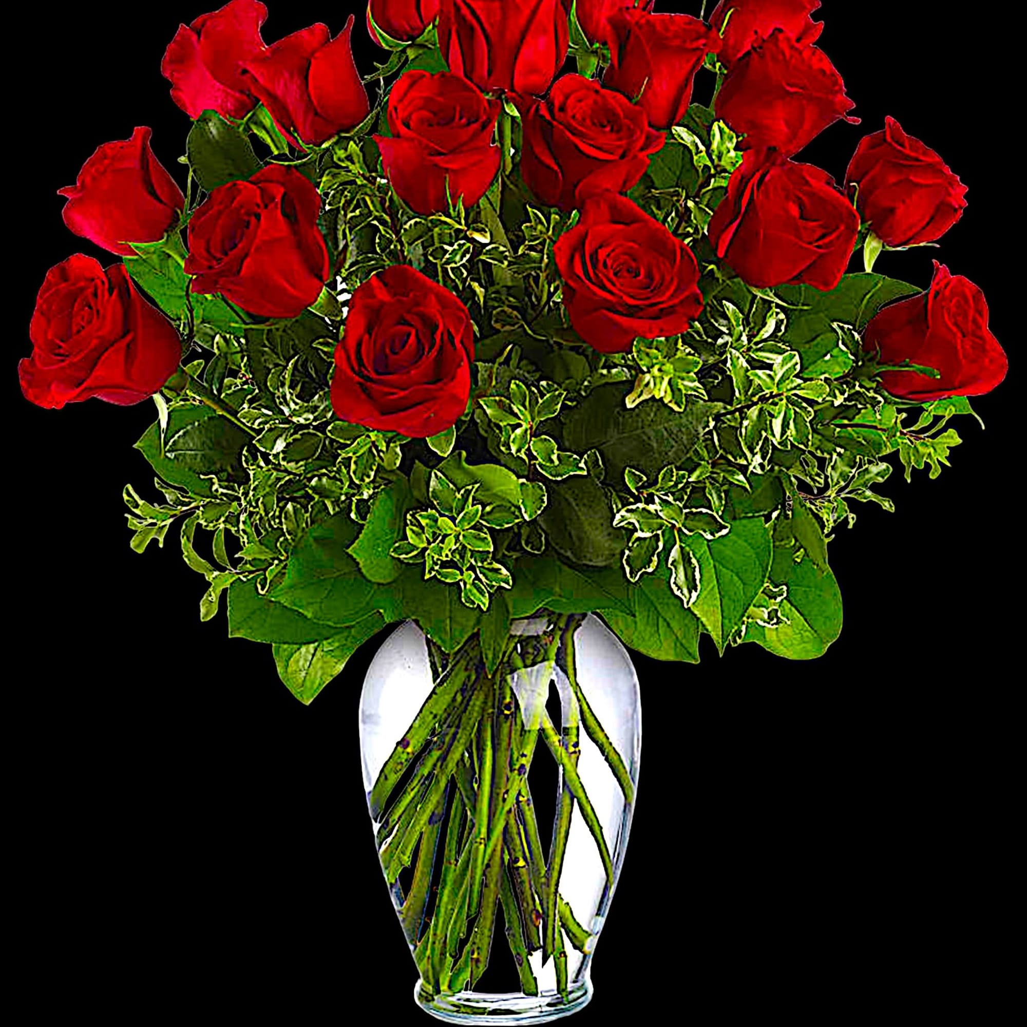 Red roses arranged in a clear glass vase, photo 5 of 8