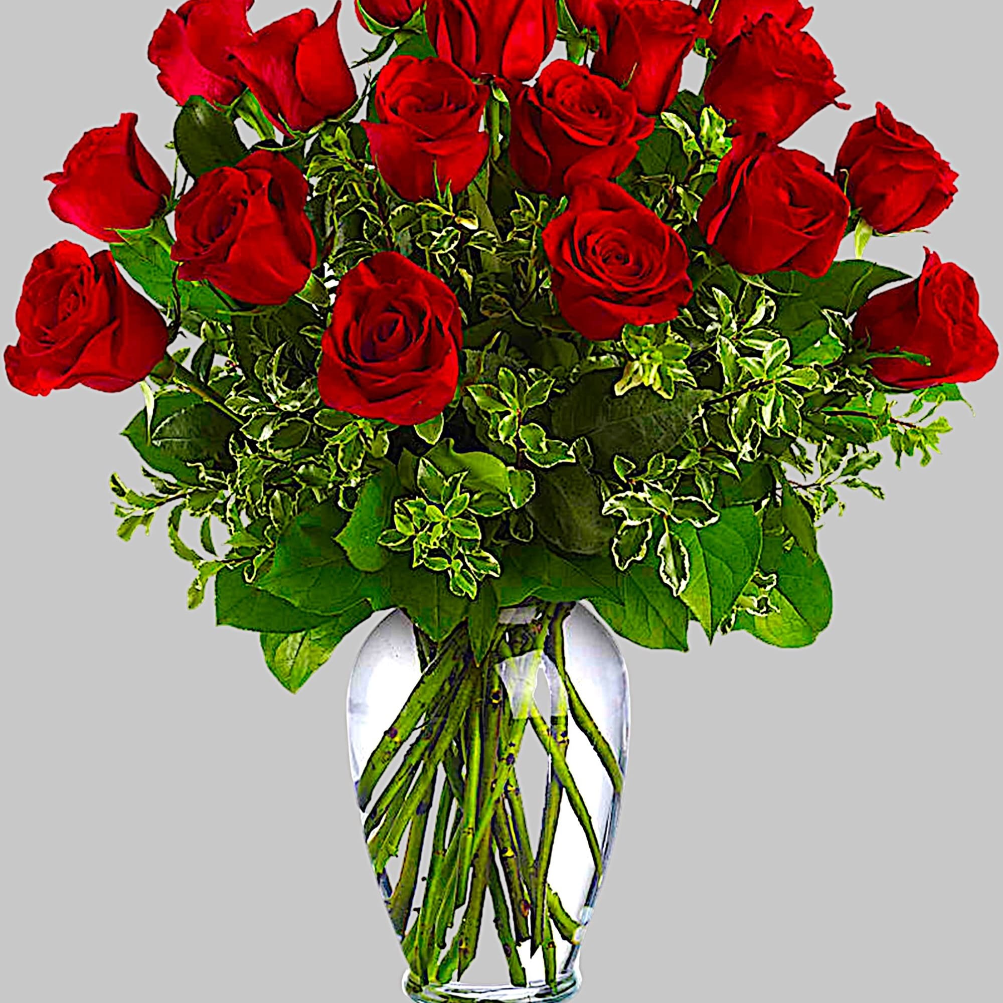 Bouquet of red roses in a clear glass vase, photo 8 of 8