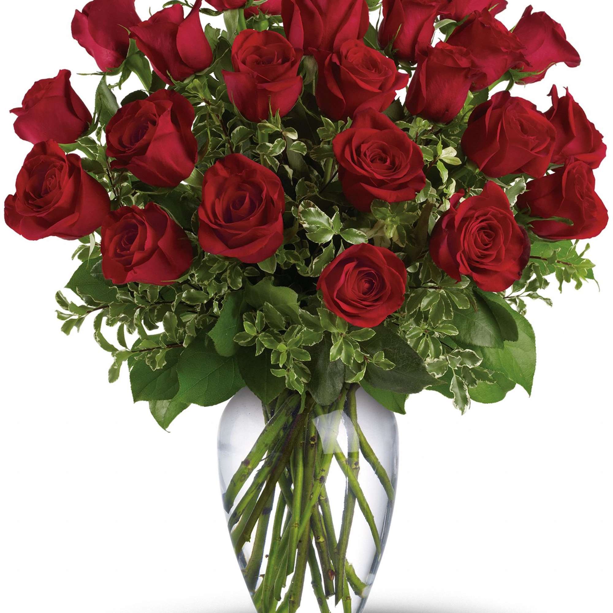 Bouquet of red roses in a clear glass vase
