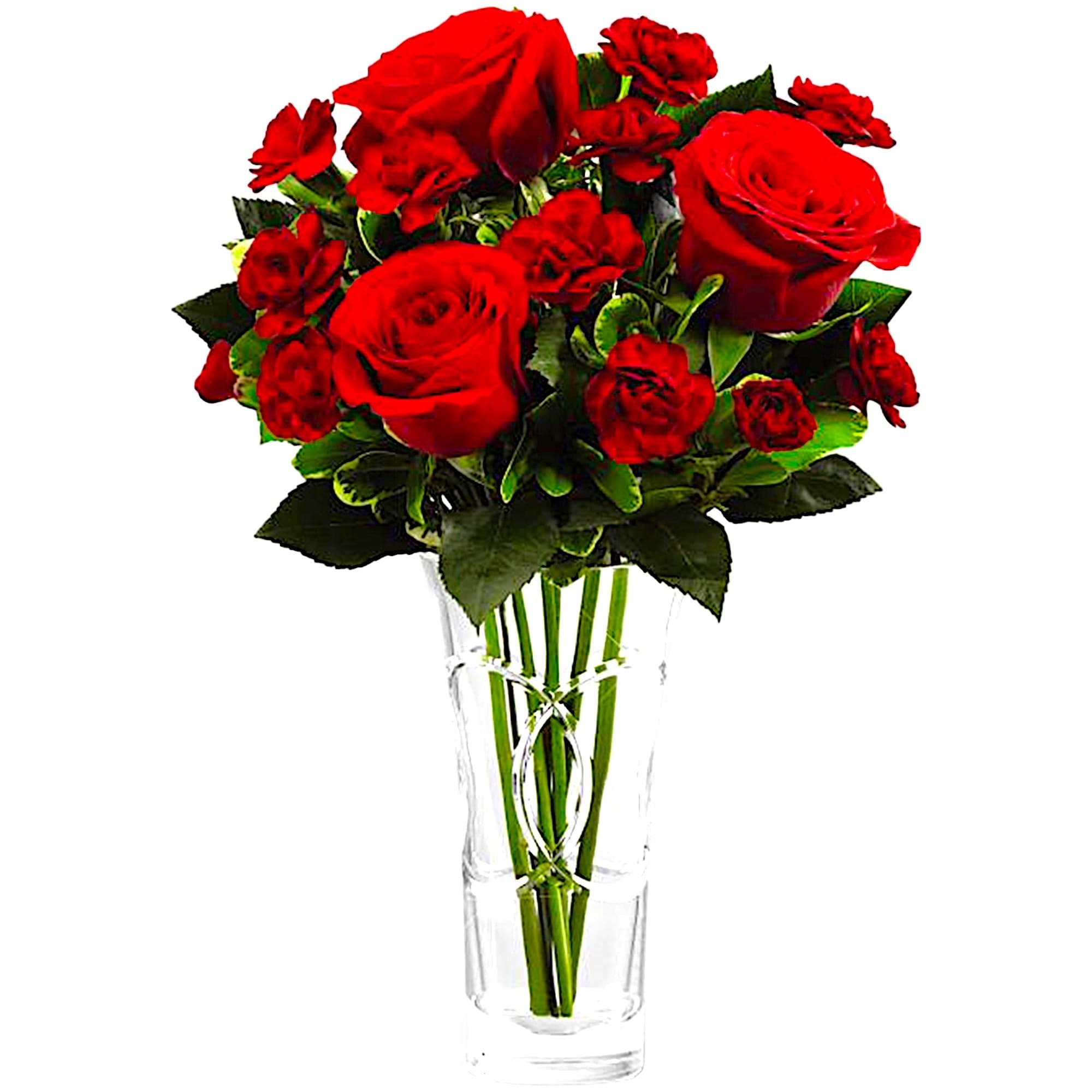Red roses and carnations in a clear glass vase, photo 4 of 8