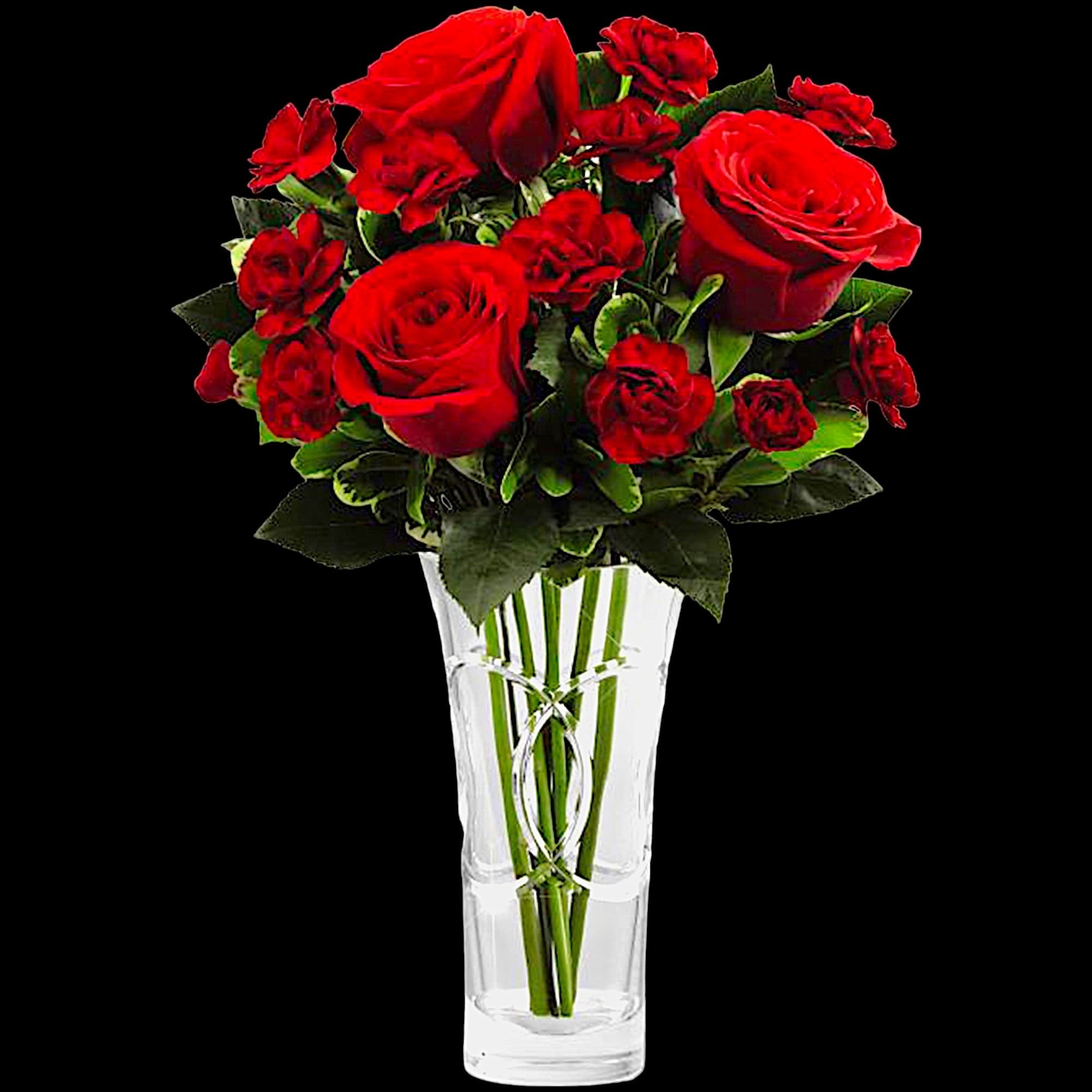 Red roses arranged in a clear glass vase, photo 6 of 8