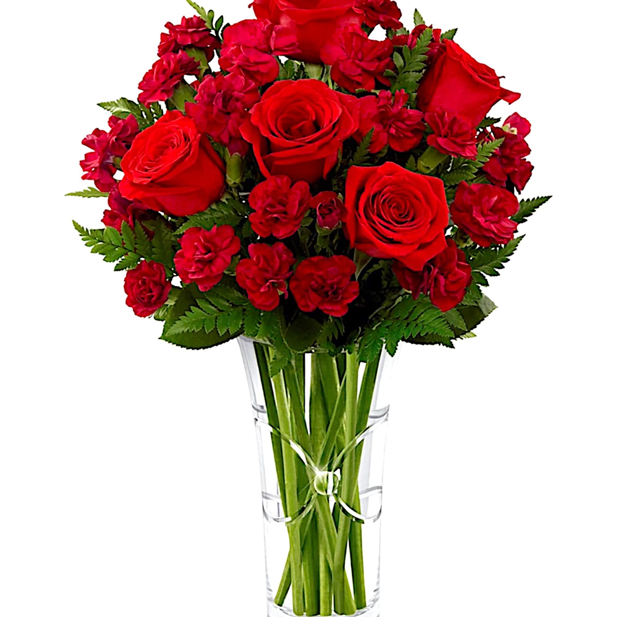 Red roses and red carnations in a clear glass vase, photo 3 of 5