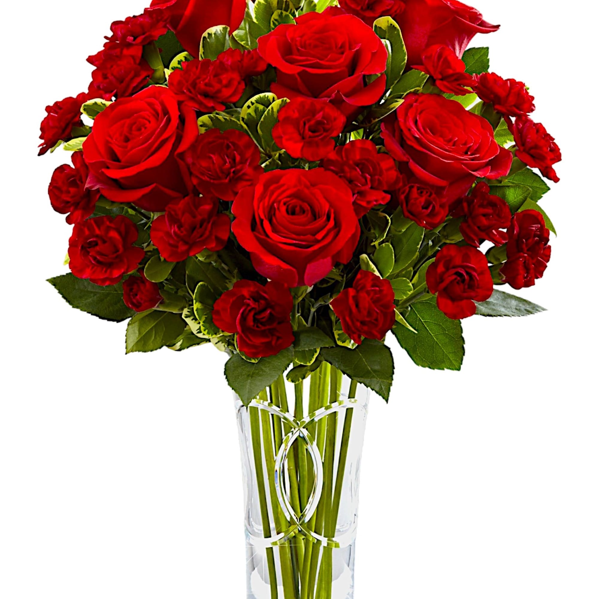 Red roses and carnations in a clear glass vase, photo 2 of 5