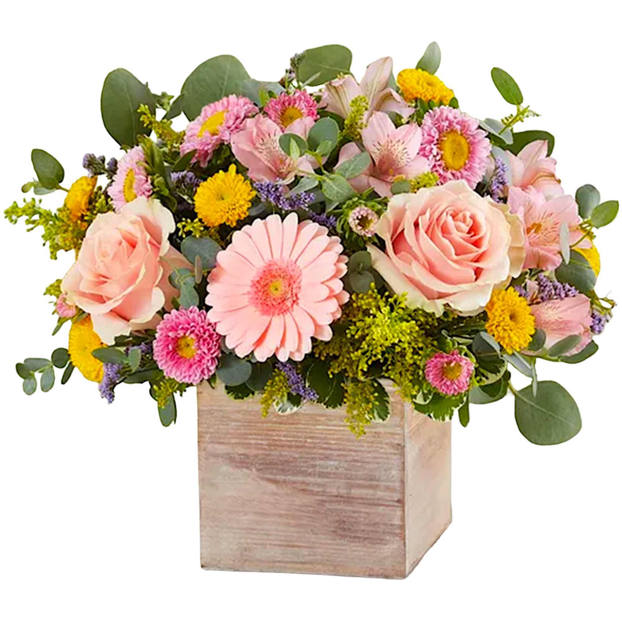 Pink and yellow mixed bouquet in a wooden box