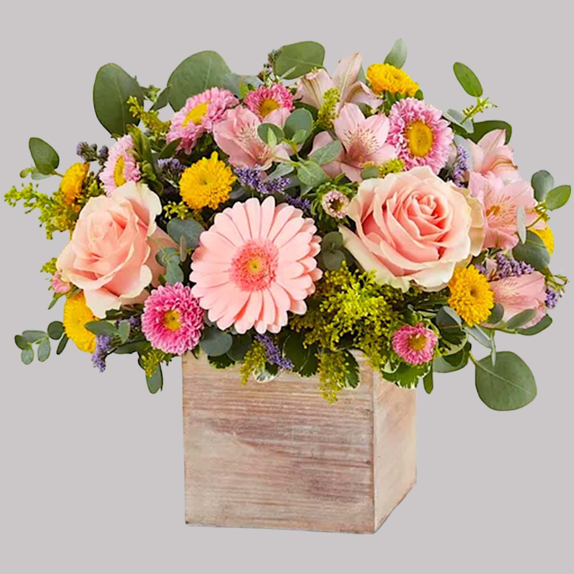 Pink and yellow mixed flower arrangement in a wooden box, photo 6 of 6