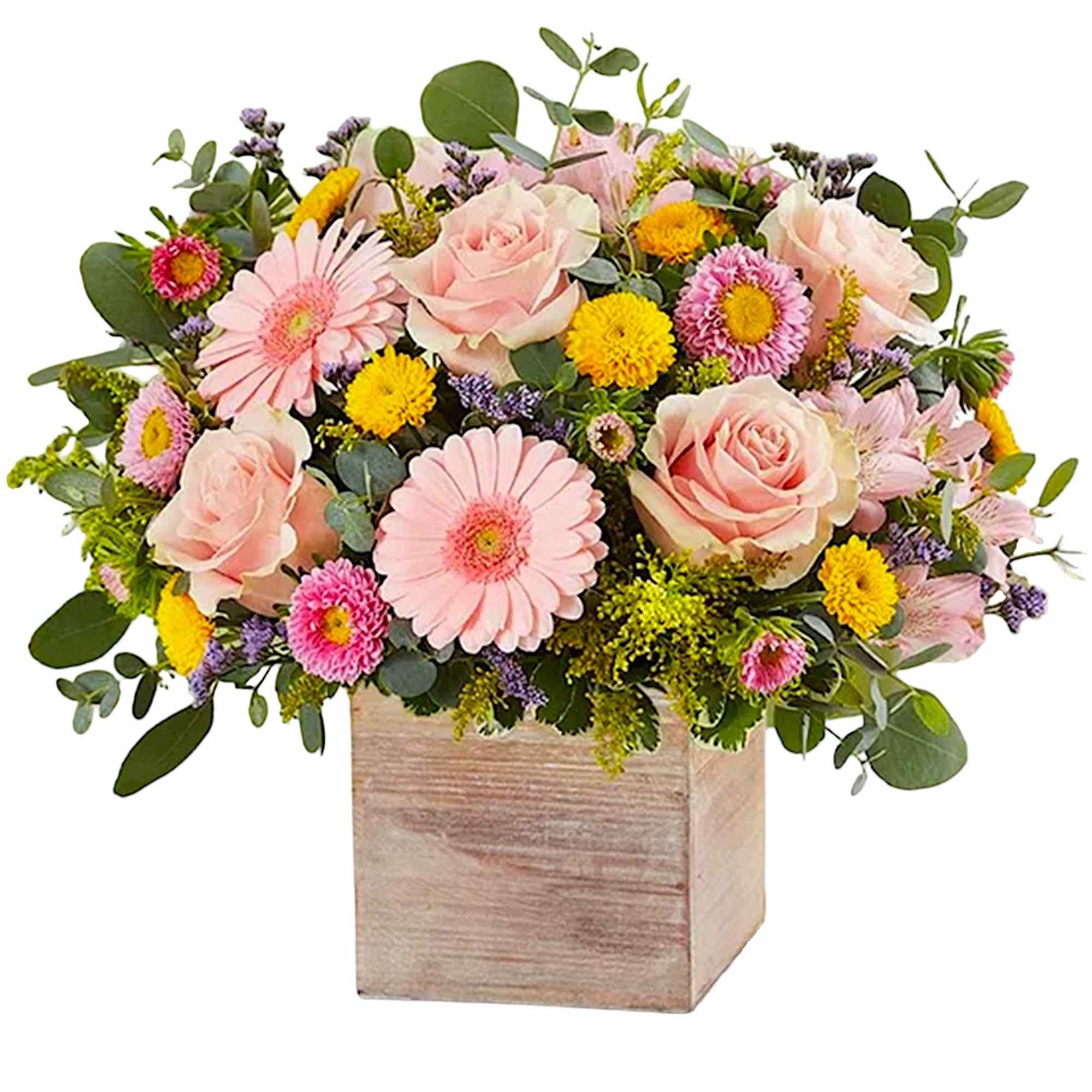 Pink roses and daisies in a wooden box arrangement