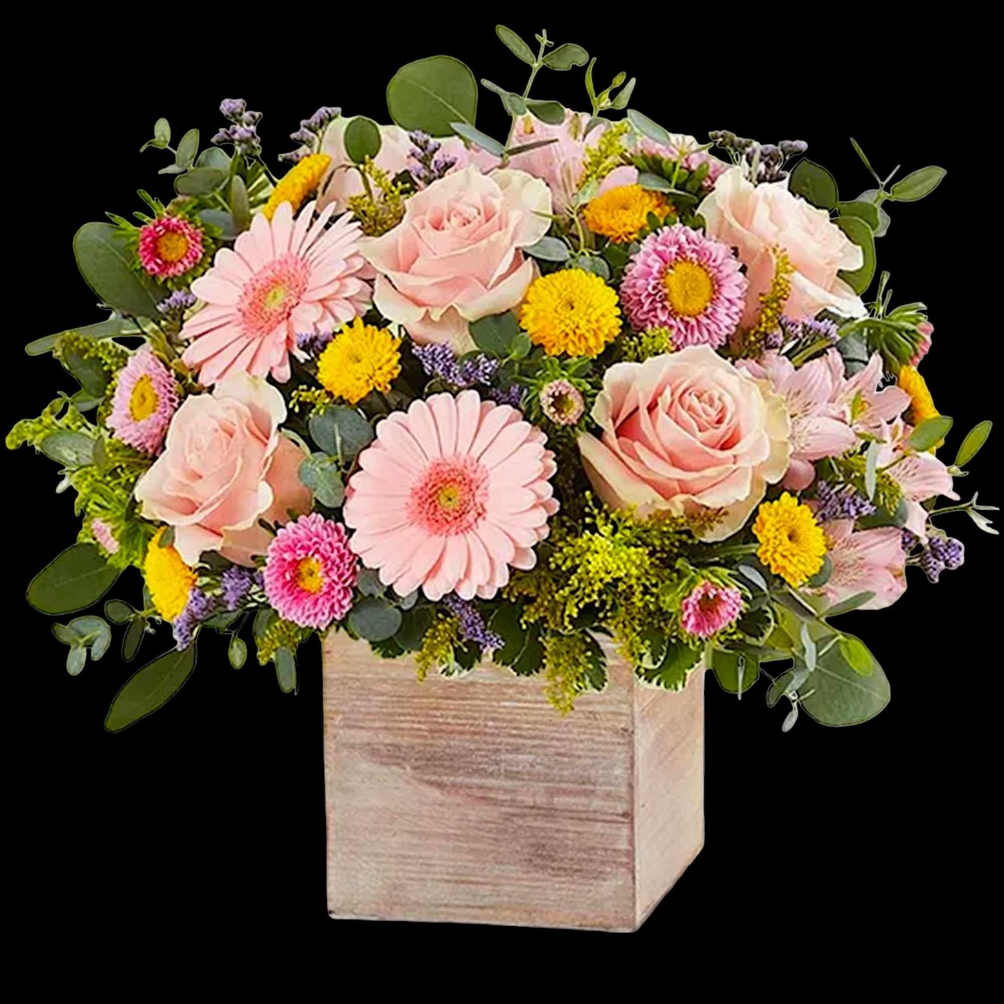 Pink roses and daisies in a wooden box arrangement, photo 5 of 6