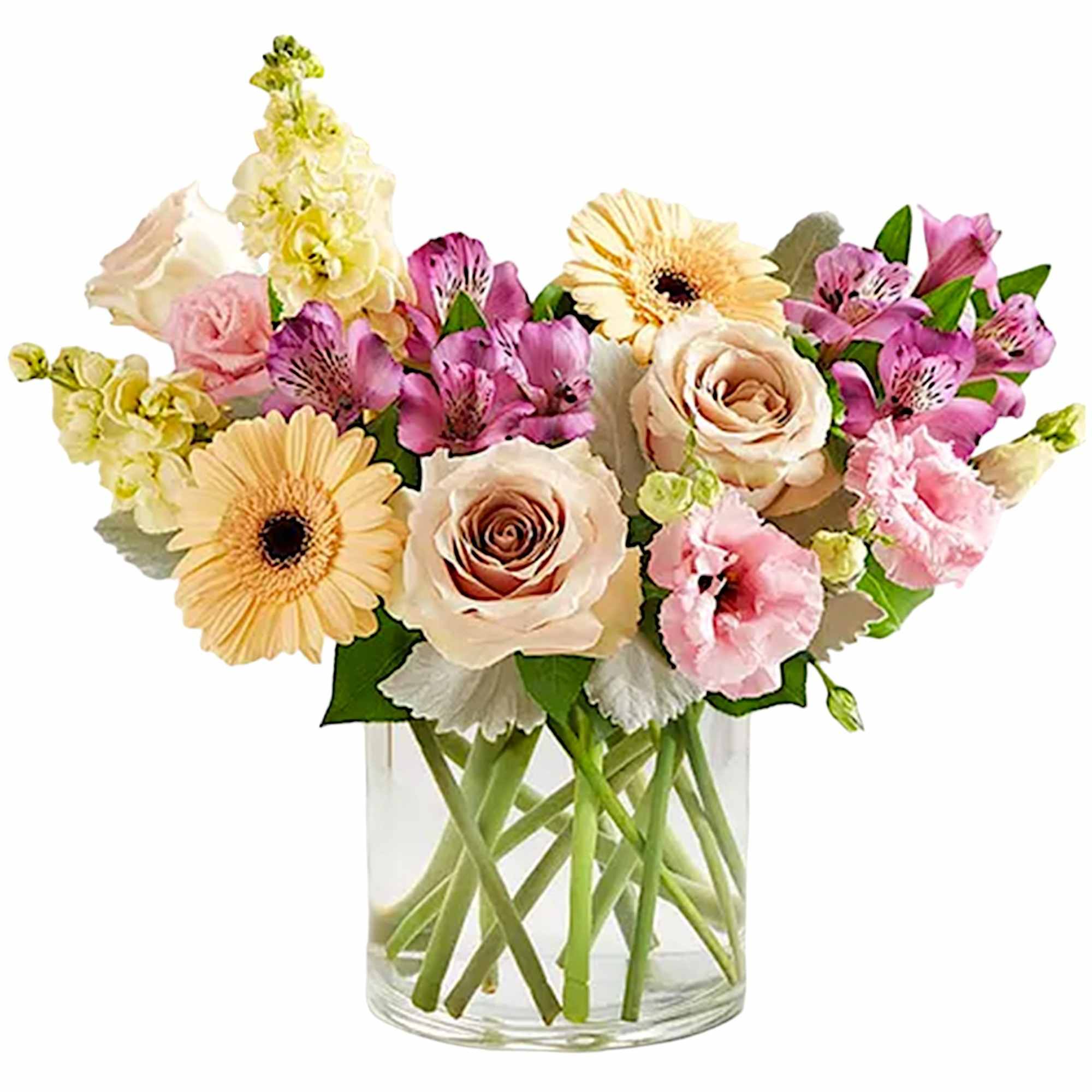 Mixed pastel bouquet in a clear glass vase