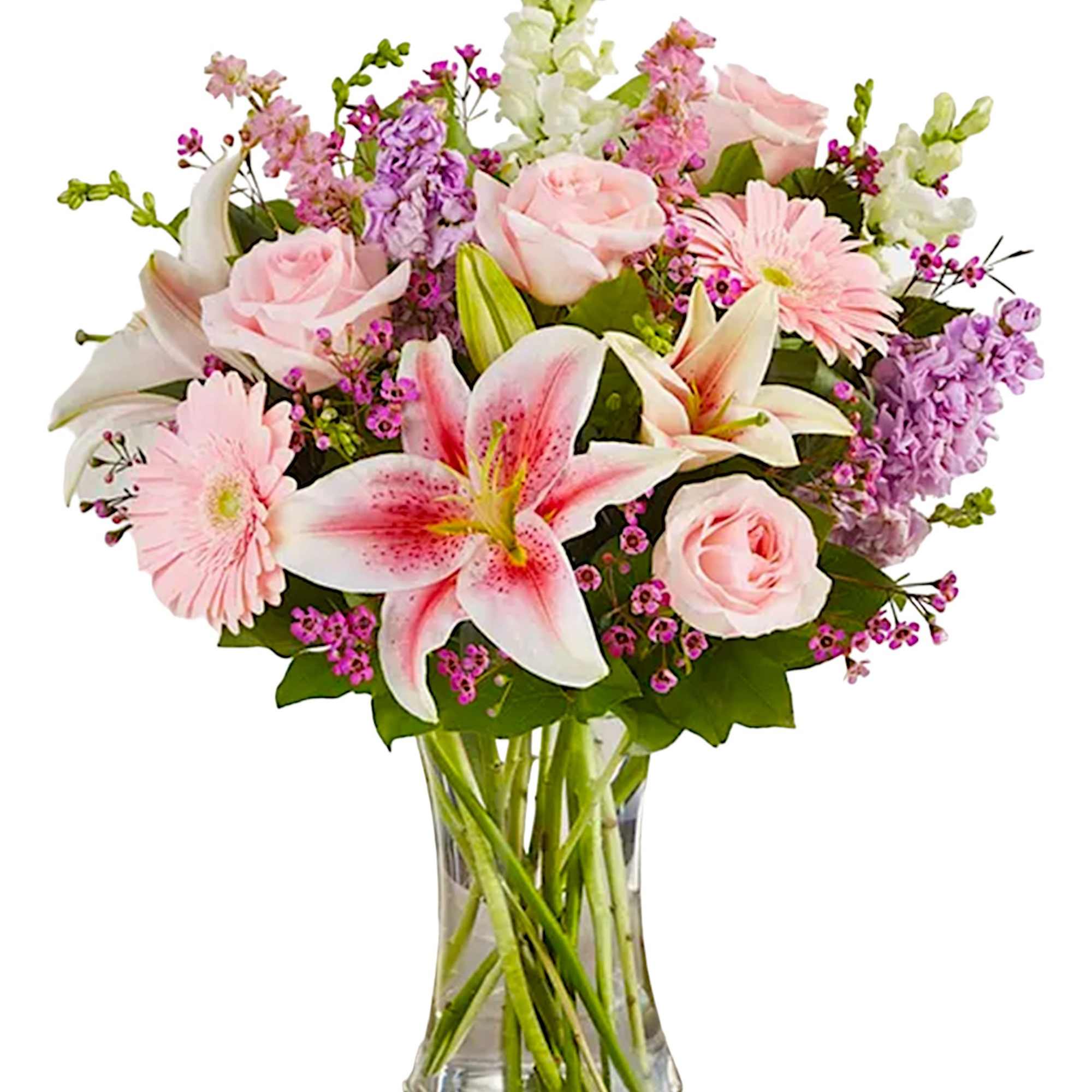 Pink roses and lilies in a clear glass vase