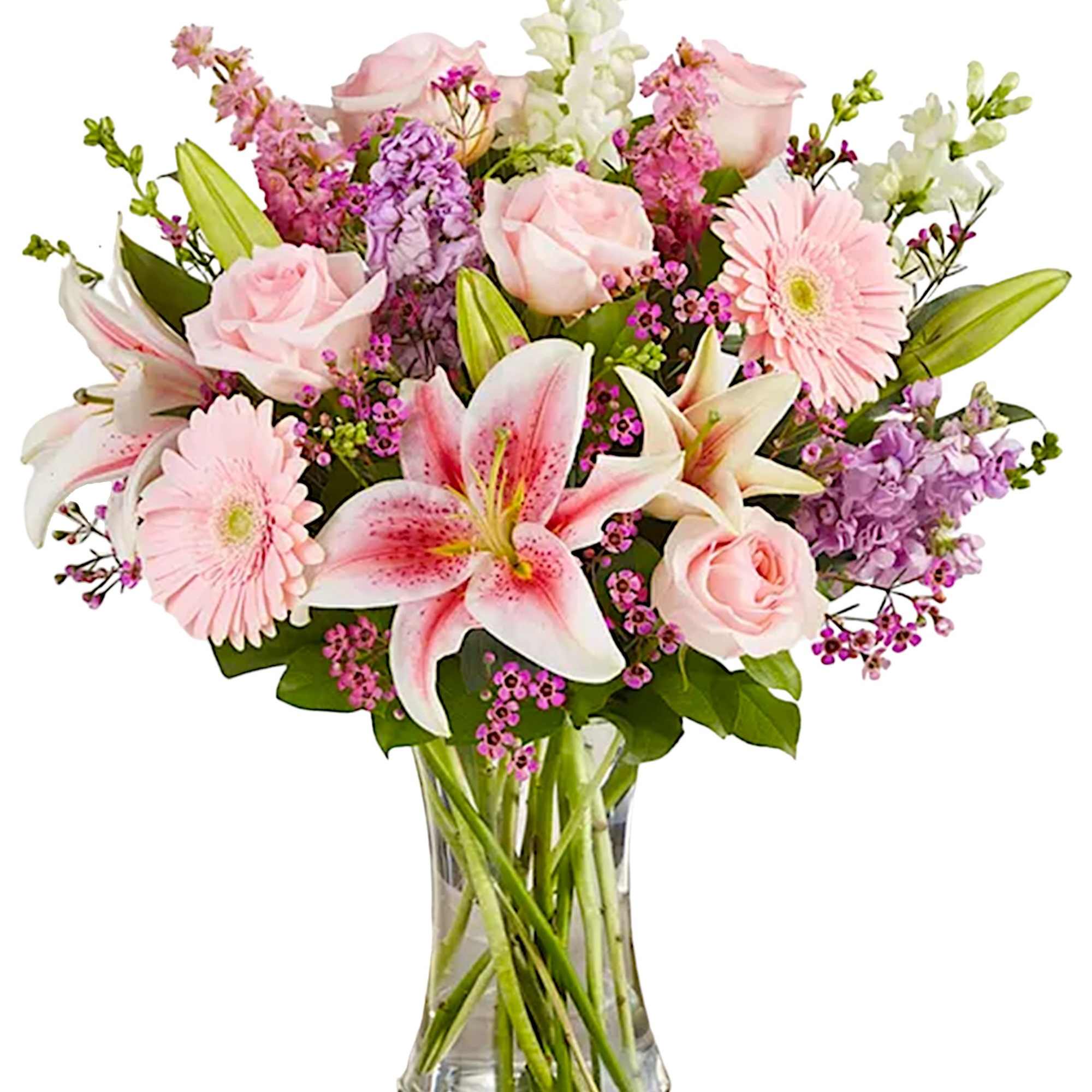 Pink and white mixed bouquet in a clear glass vase
