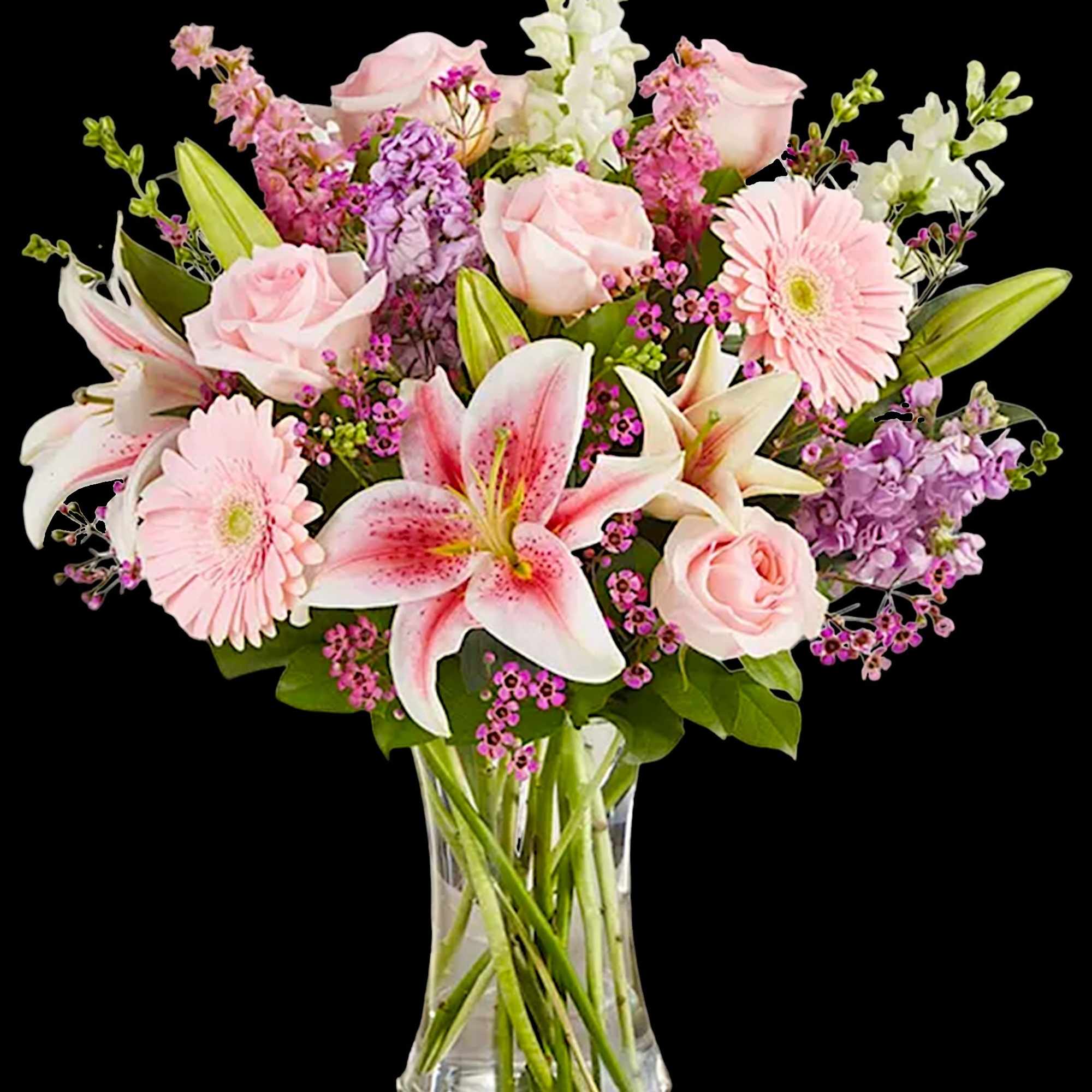 Pink and white mixed bouquet in a clear glass vase, photo 5 of 6