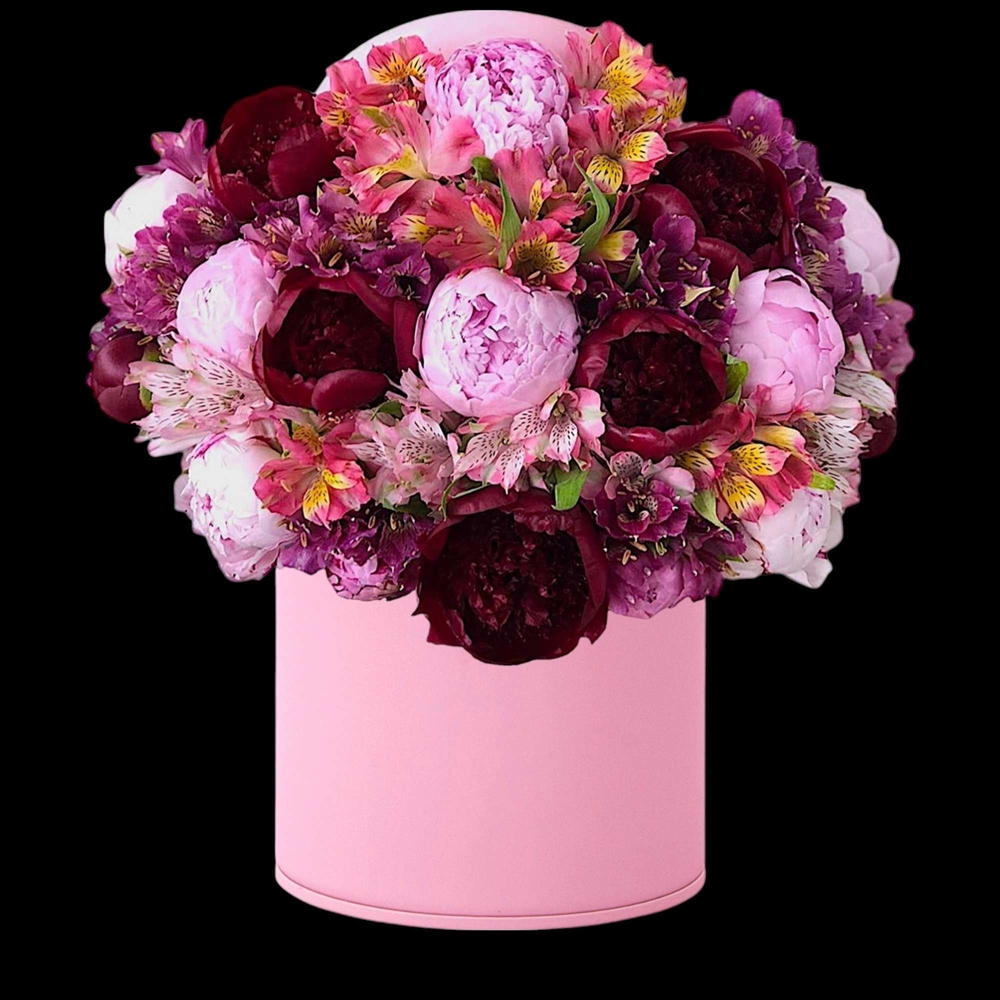 Pink and burgundy flower arrangement in a pink cylindrical box, photo 3 of 4