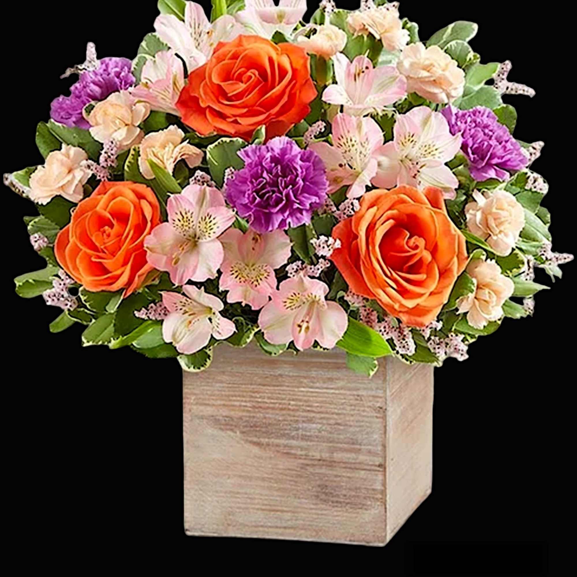 Orange roses and pink flowers arranged in a wooden box, photo 3 of 4