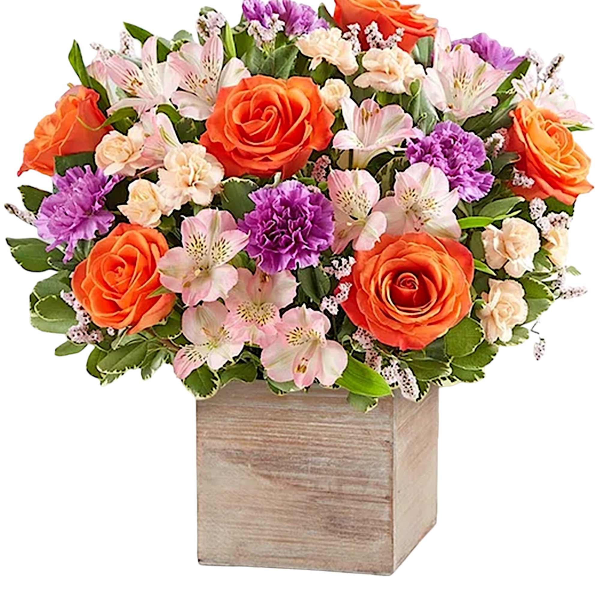 Bouquet of orange roses, pink lilies, and purple carnations in a wooden box