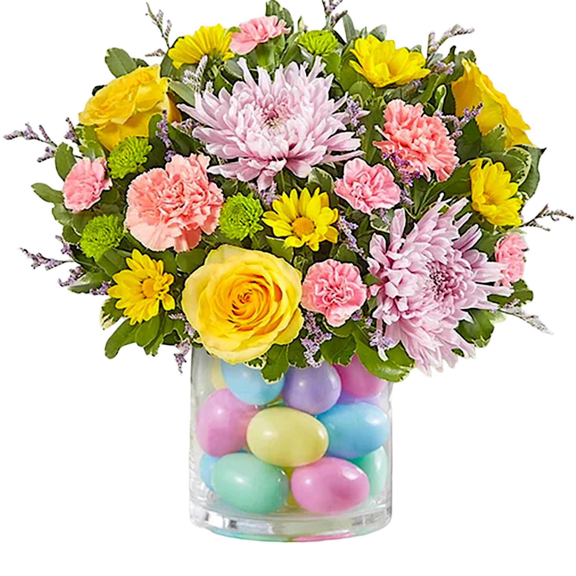 Colorful bouquet in a glass vase filled with pastel eggs