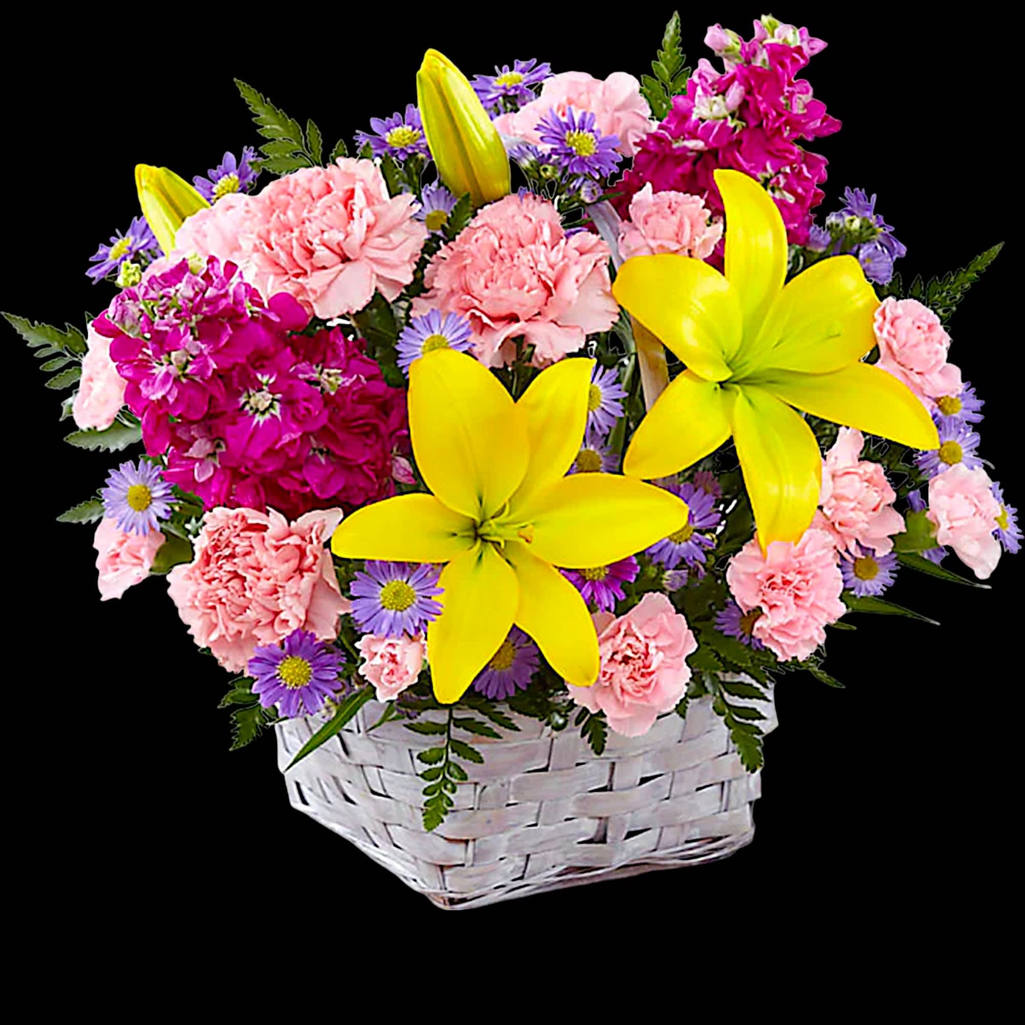 Basket arrangement of pink carnations, purple daisies, and yellow lilies, photo 3 of 4