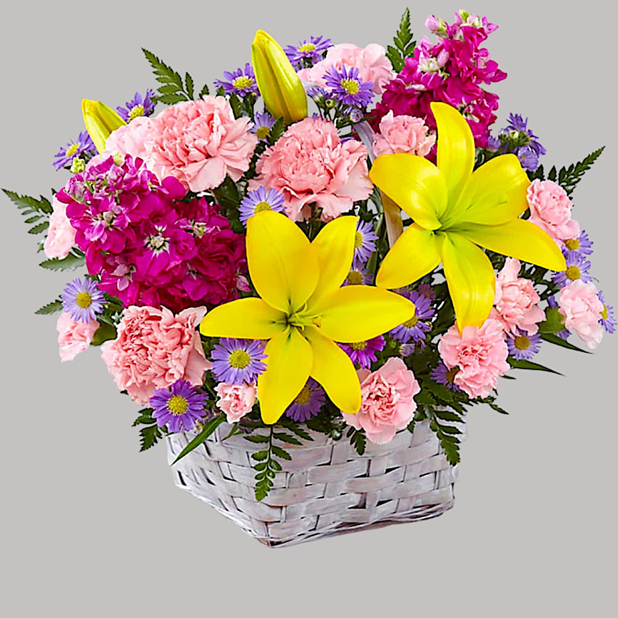Basket arrangement with pink carnations, purple daisies, and yellow lilies