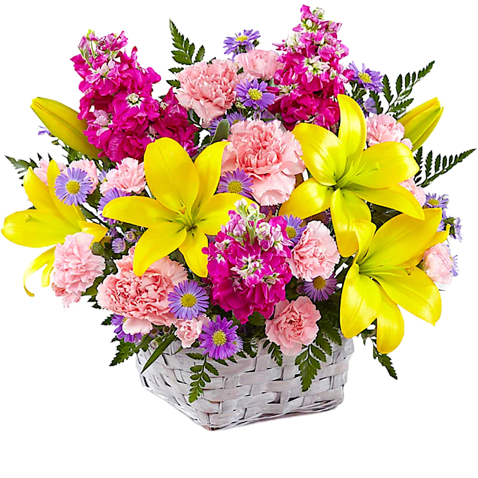 Basket arrangement of yellow lilies, pink carnations, and purple daisies