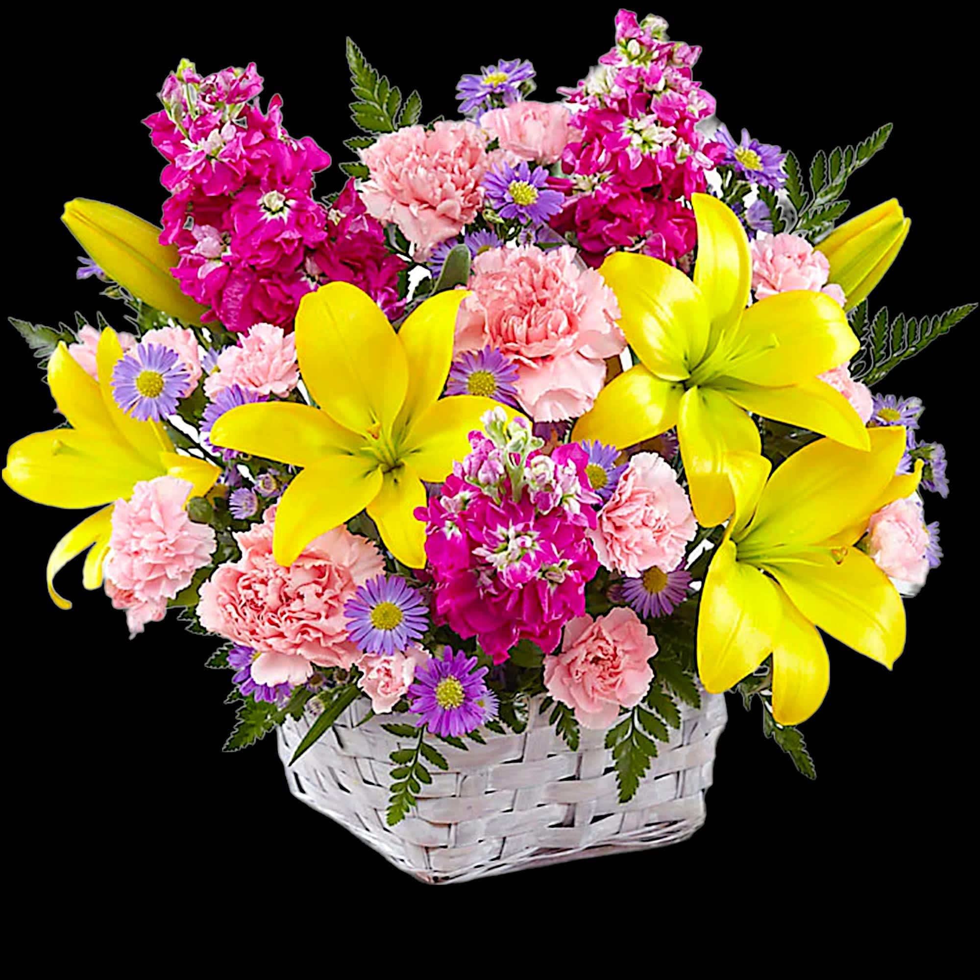 Basket arrangement of yellow lilies, pink carnations, and purple daisies, photo 3 of 4