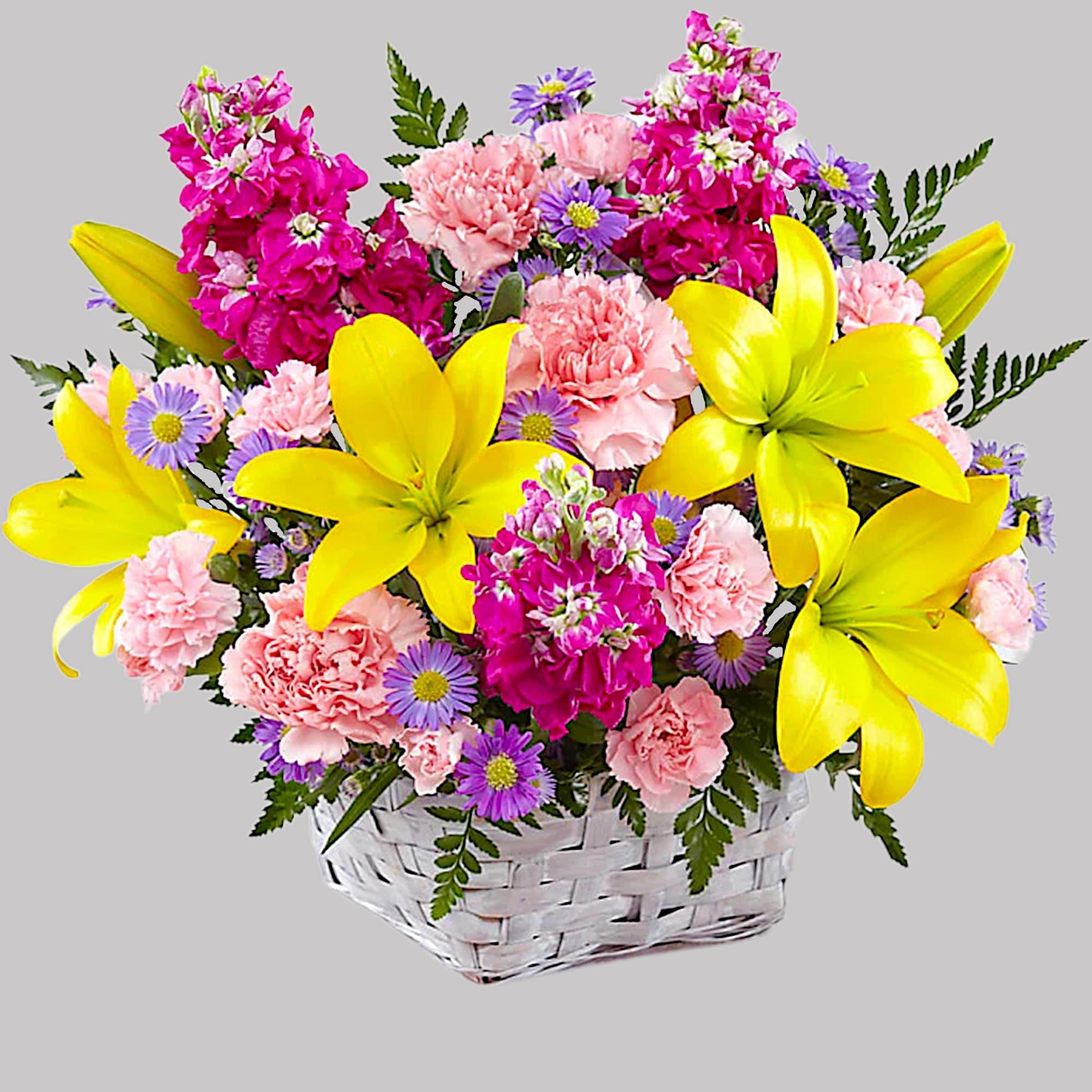 Basket of yellow lilies, pink carnations, and purple daisies, photo 4 of 4