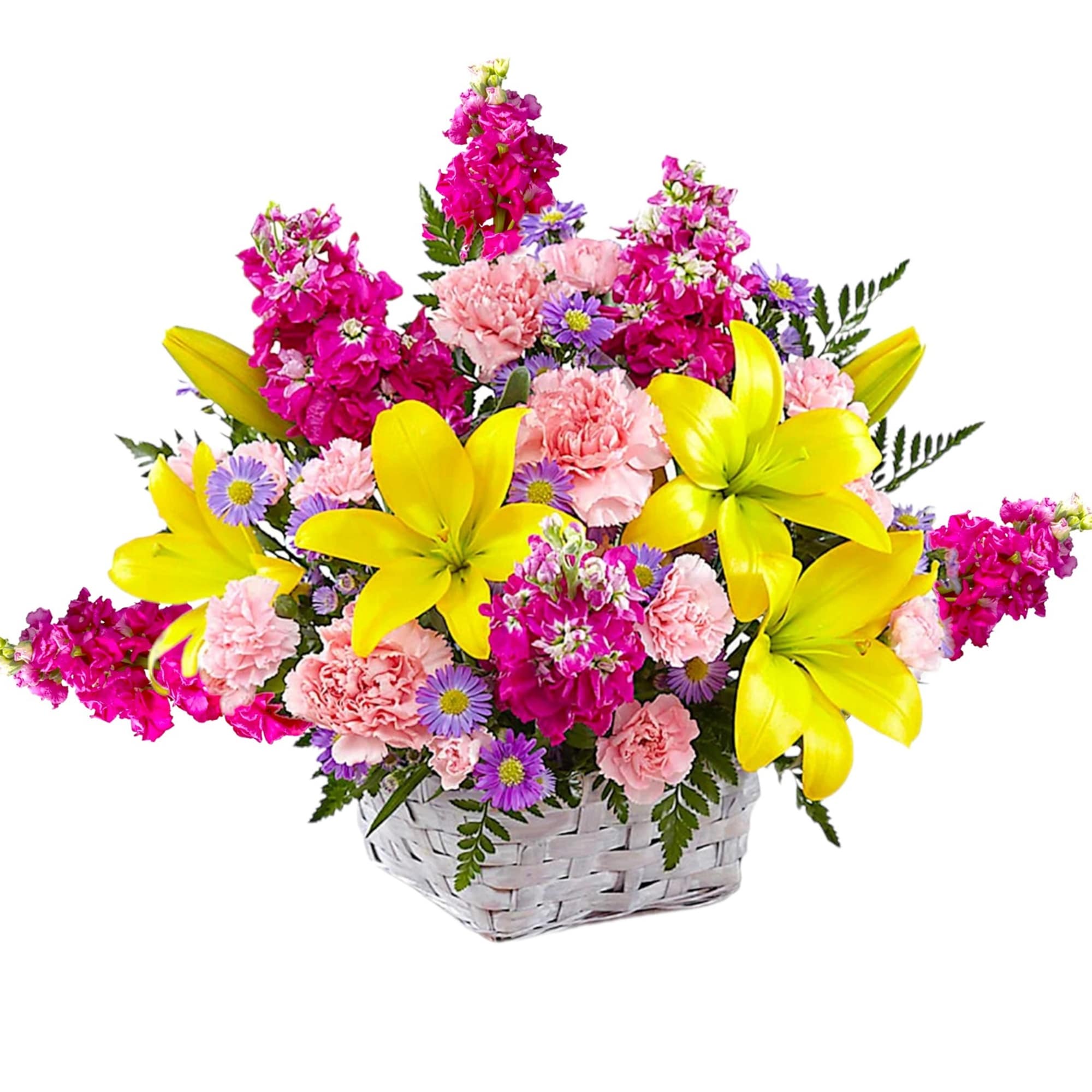 Basket arrangement with yellow lilies, pink carnations, and purple daisies