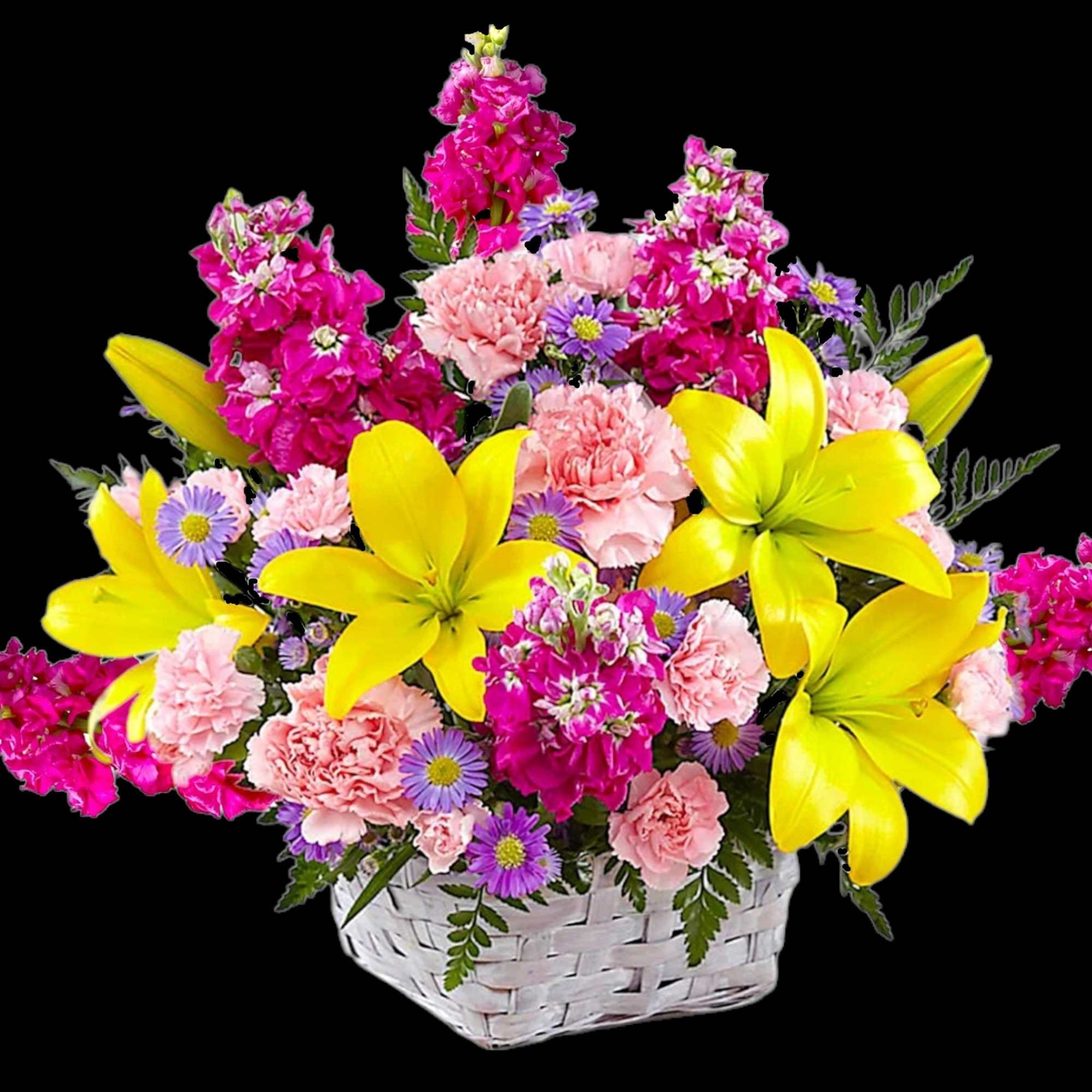 Basket arrangement with yellow lilies, pink carnations, and purple daisies, photo 3 of 4