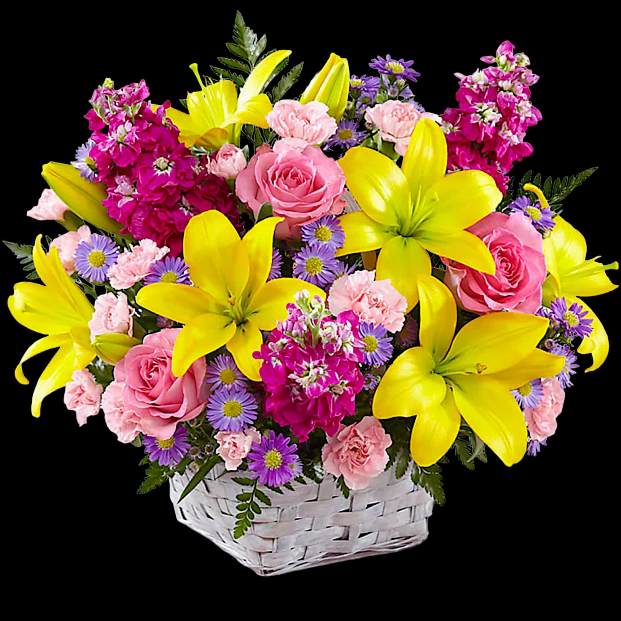 Basket arrangement of yellow lilies, pink roses, and purple daisies, photo 3 of 4