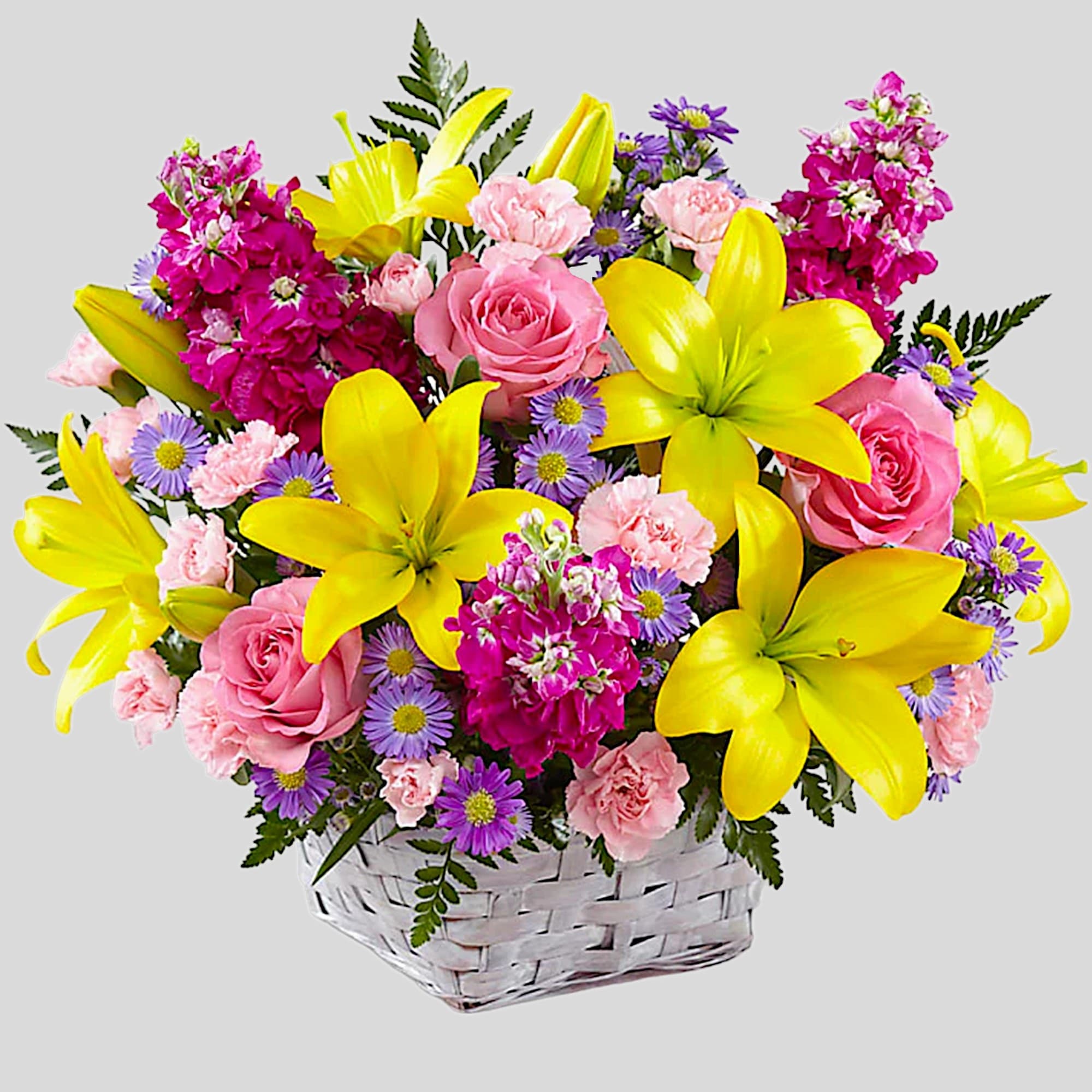 Basket arrangement of yellow lilies, pink roses, and purple daisies, photo 4 of 4