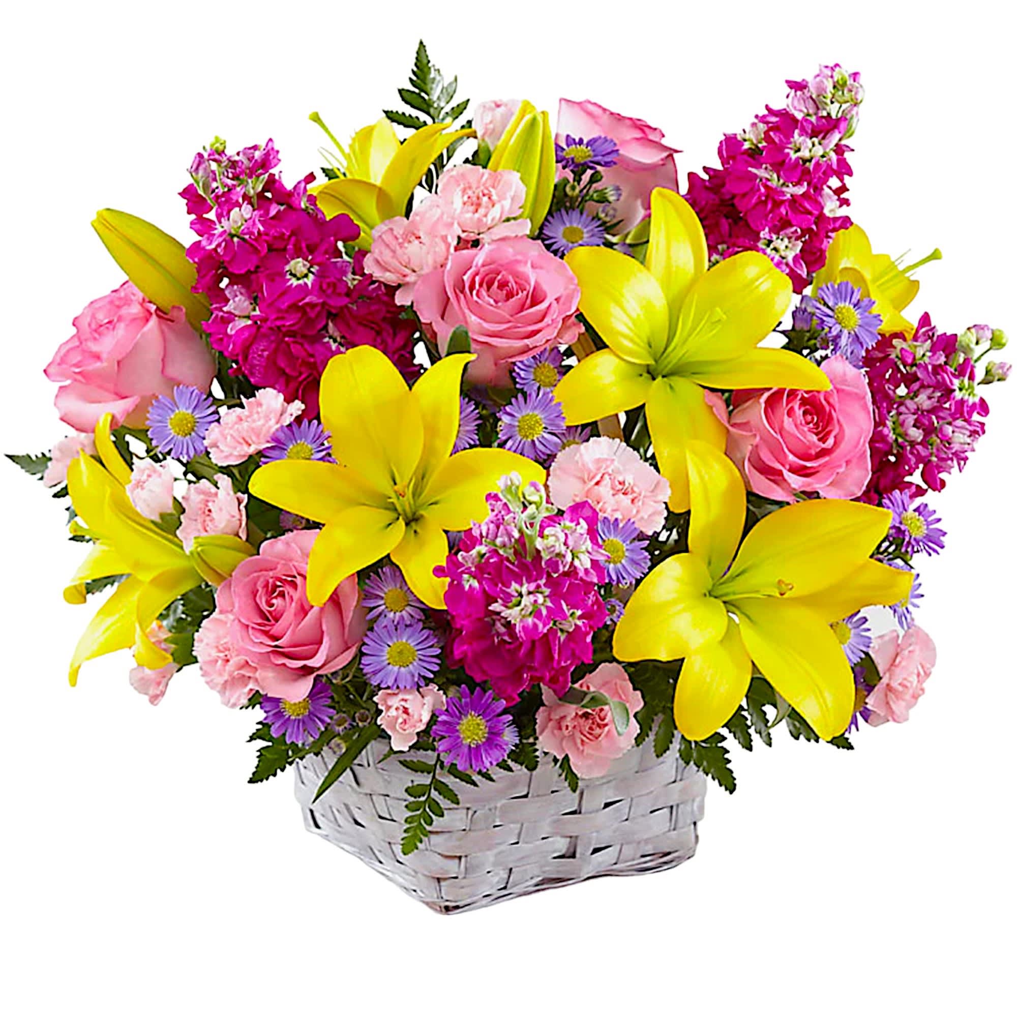 Basket of pink roses, yellow lilies, and purple flowers