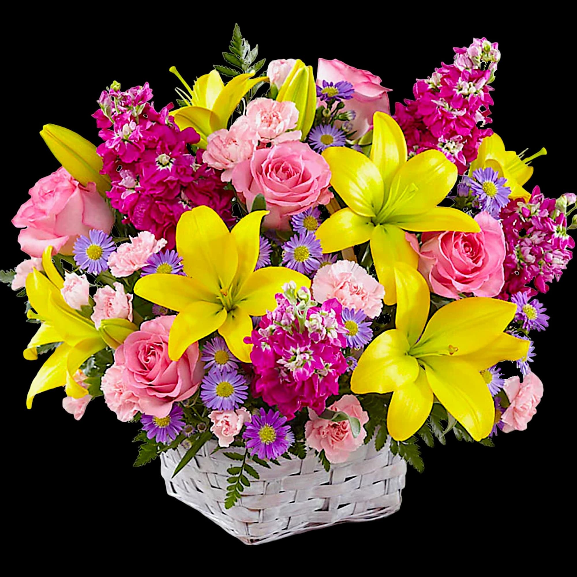 Pink roses and yellow lilies in a white basket