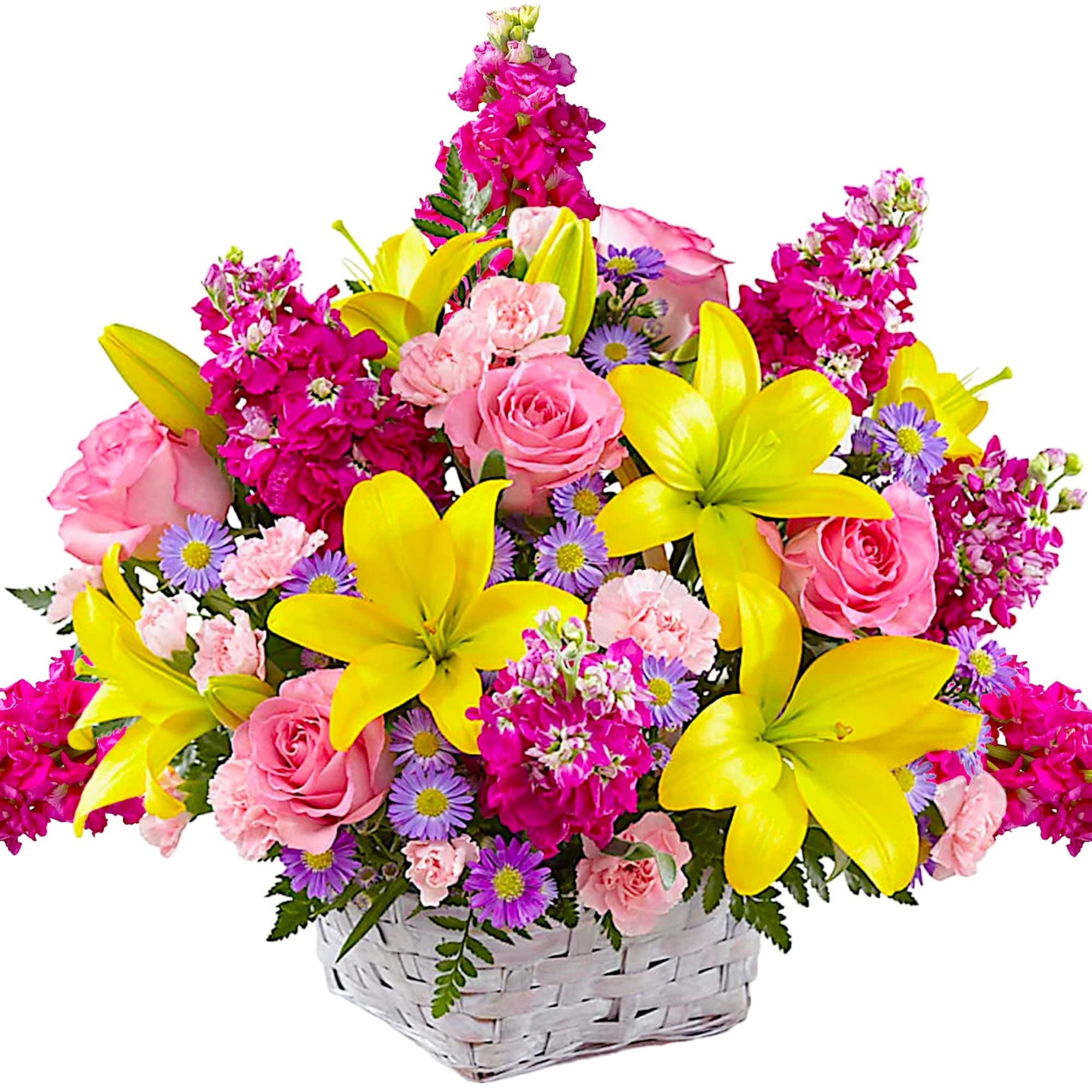 Bright mixed bouquet with yellow lilies, pink roses, and purple daisies in a white basket