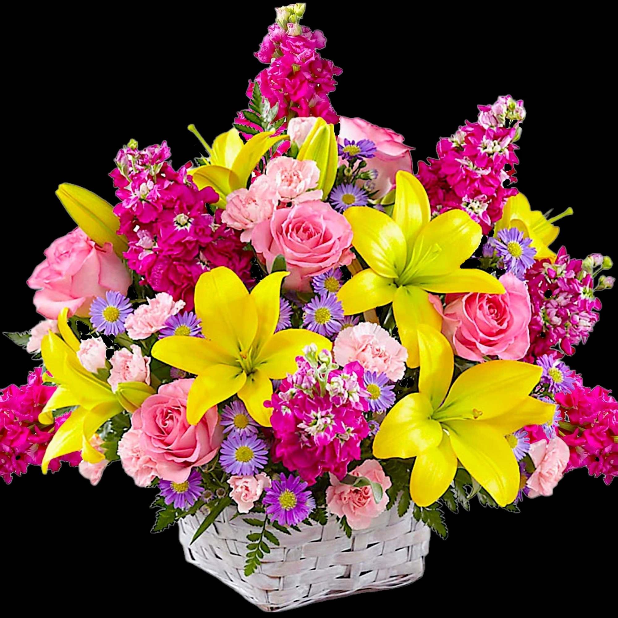 Basket arrangement of pink roses, yellow lilies, and purple daisies, photo 3 of 4