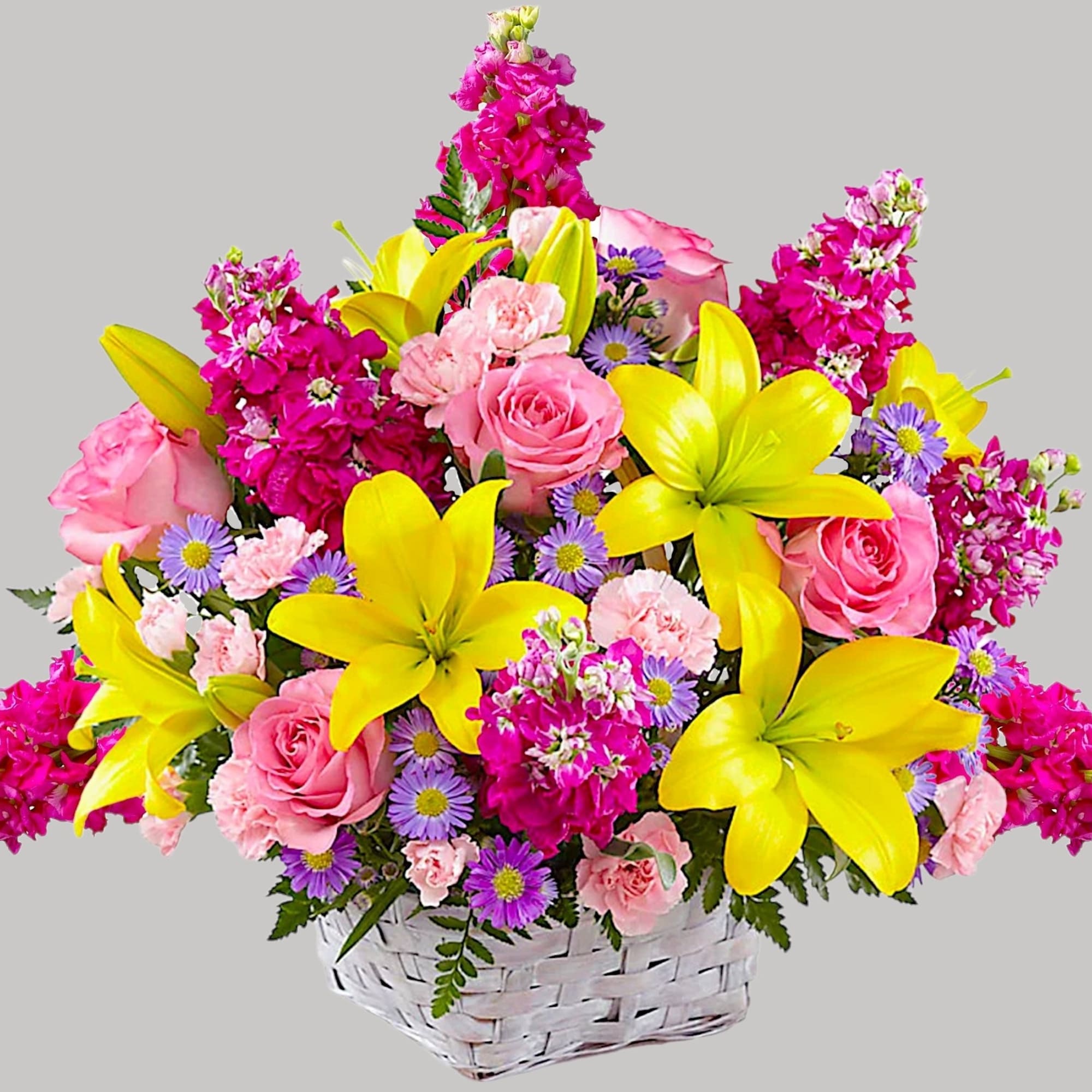 Basket arrangement of pink roses, yellow lilies, and purple daisies, photo 4 of 4
