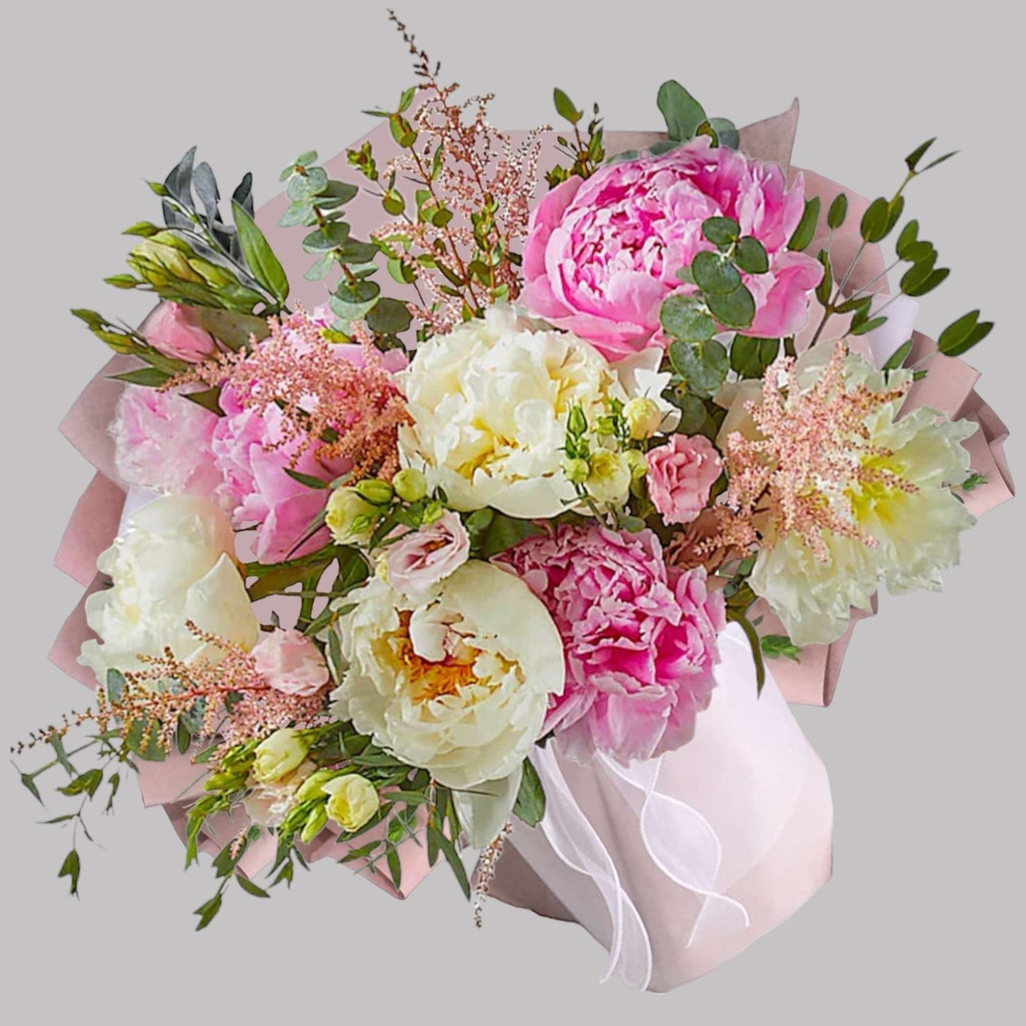 Pink and white peony bouquet wrapped in pale pink paper, photo 4 of 4