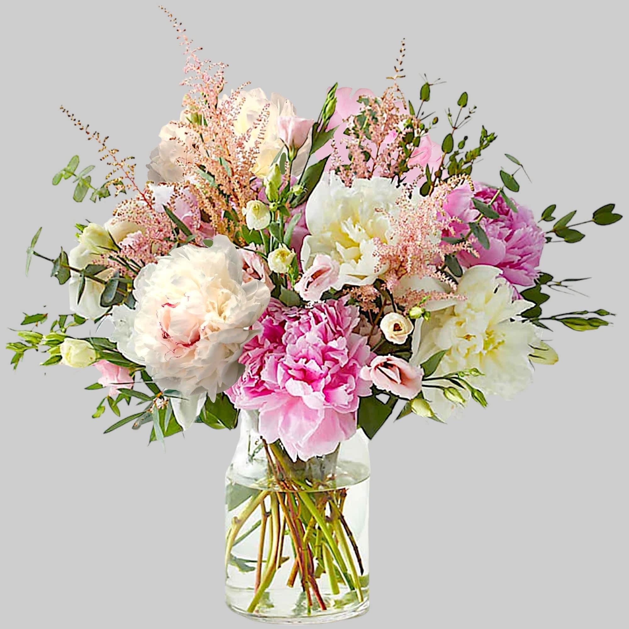 Pink and white bouquet in a clear glass vase, photo 4 of 4