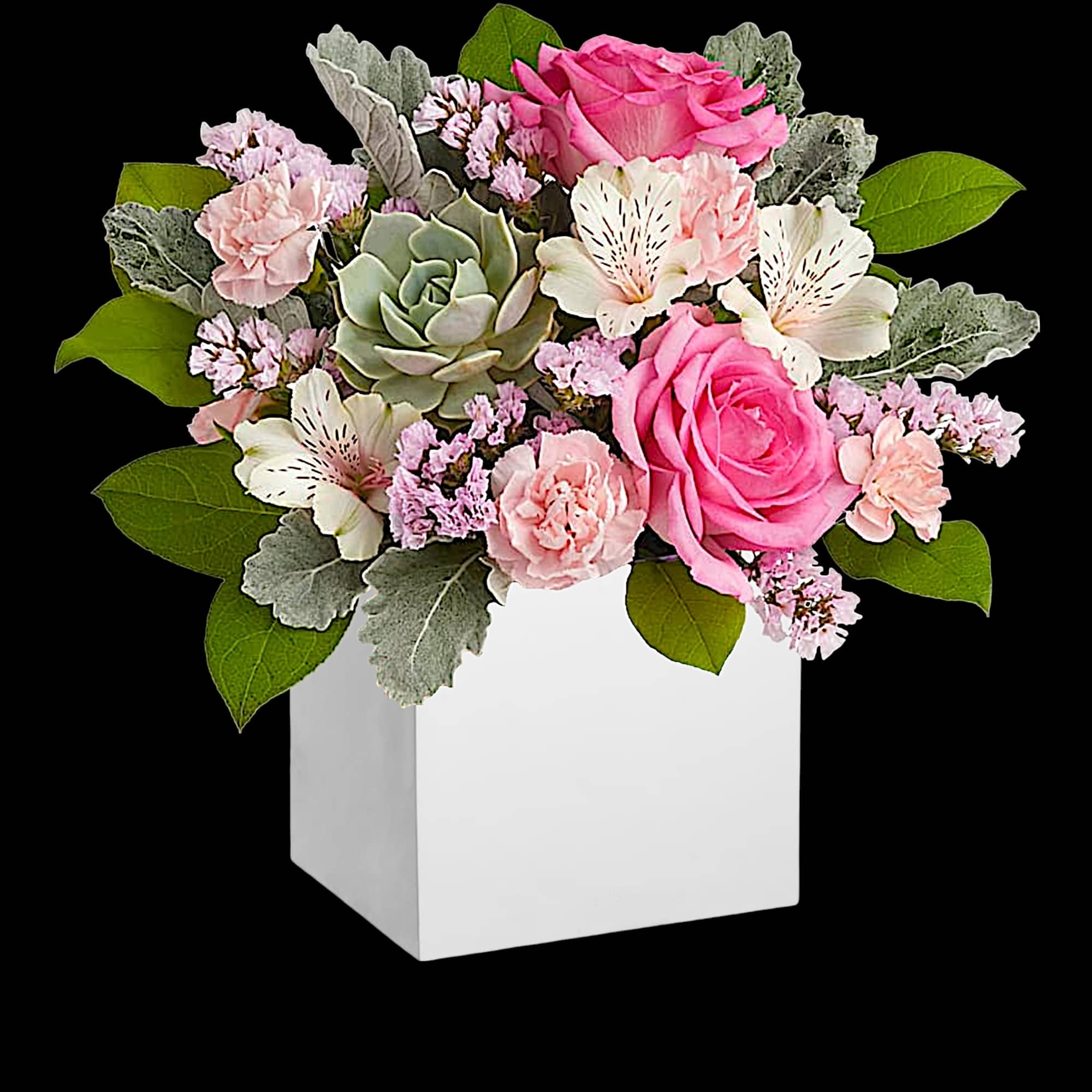 Pink and white floral arrangement in a white square vase