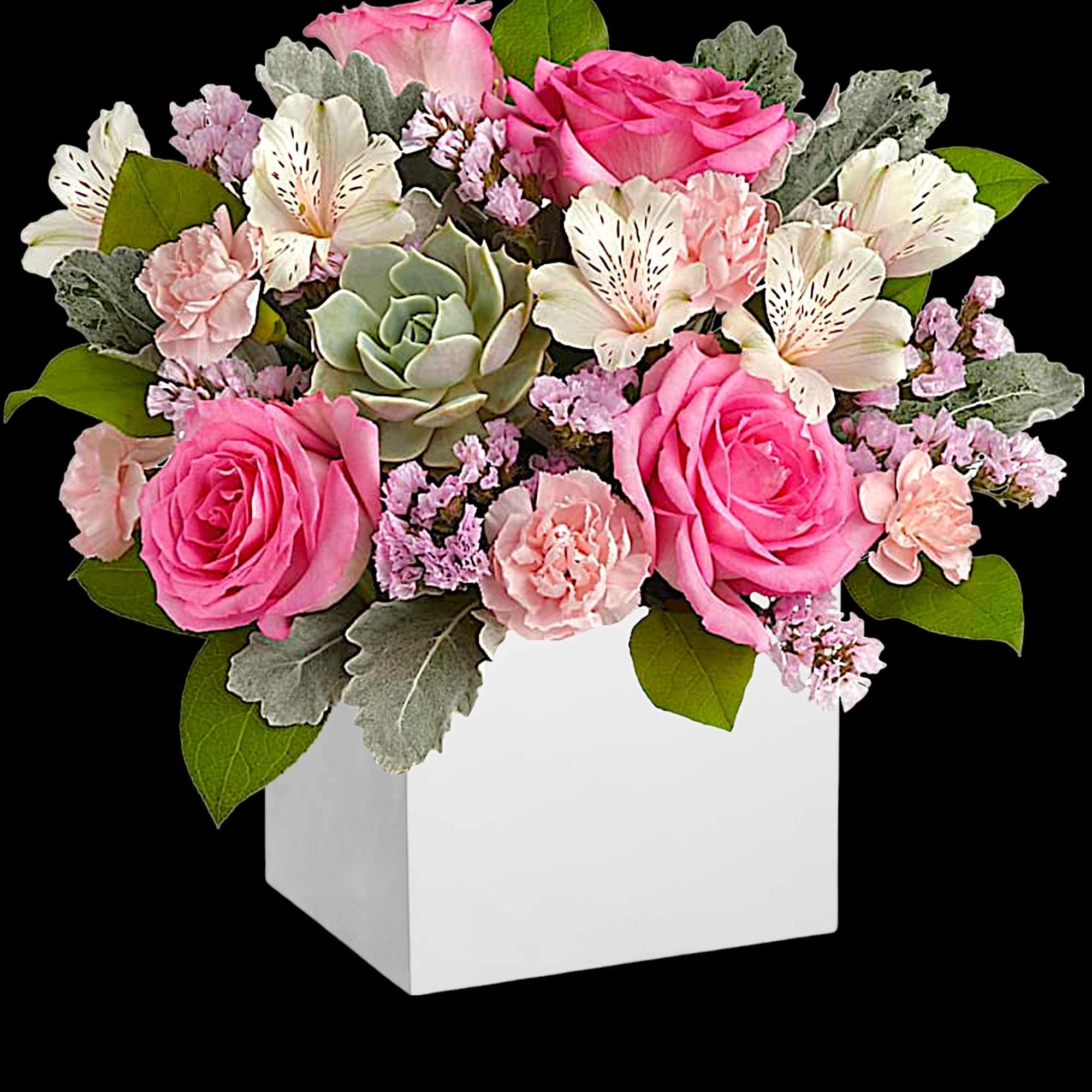 Pink roses and white alstroemeria in a white box vase