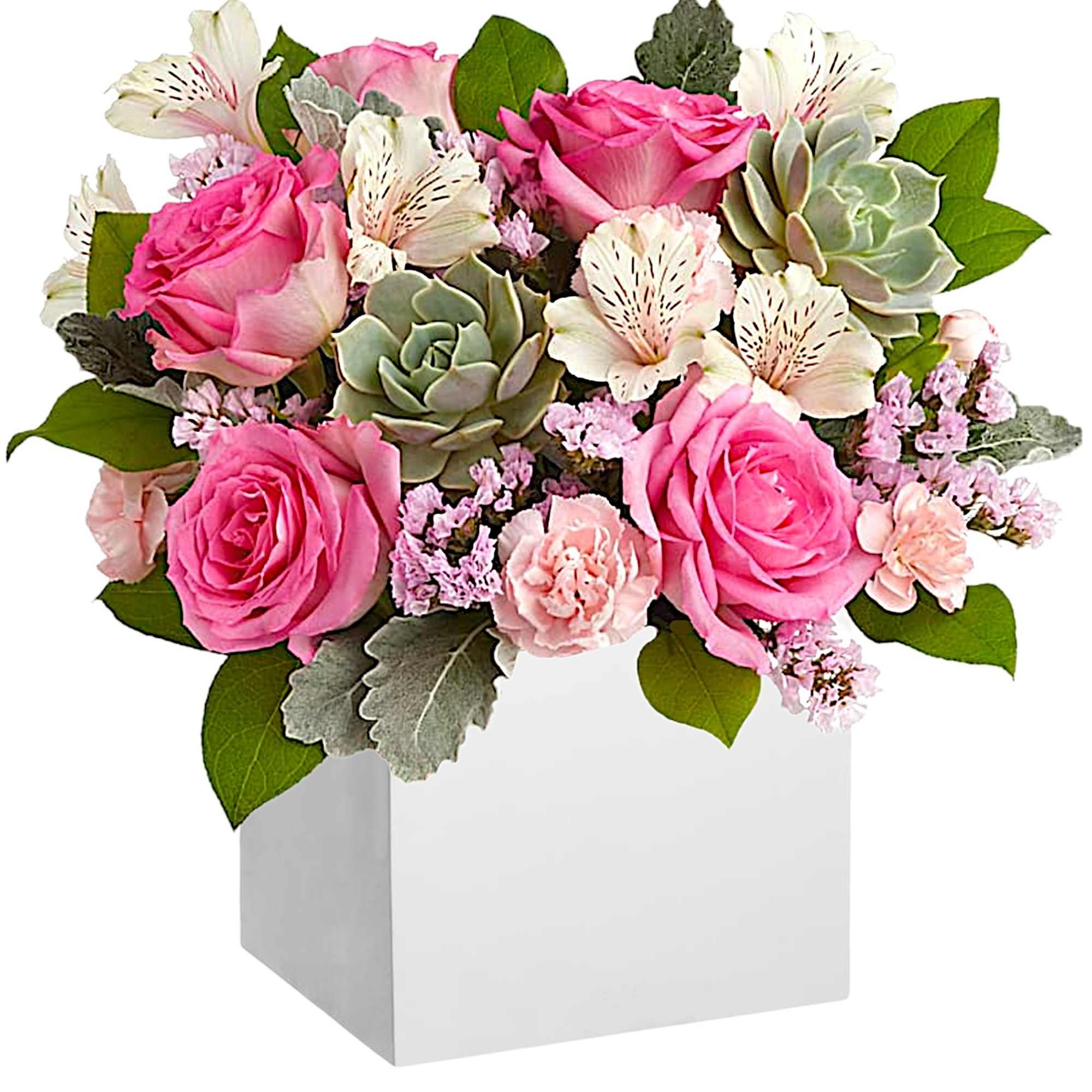 Pink roses and white alstroemeria in a white box with succulents