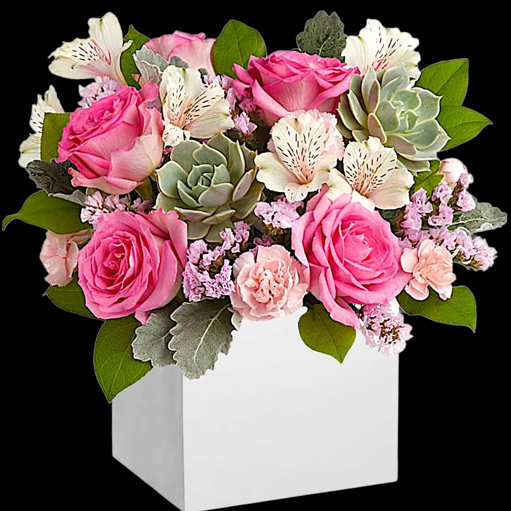 Pink roses and white alstroemeria in a white square box