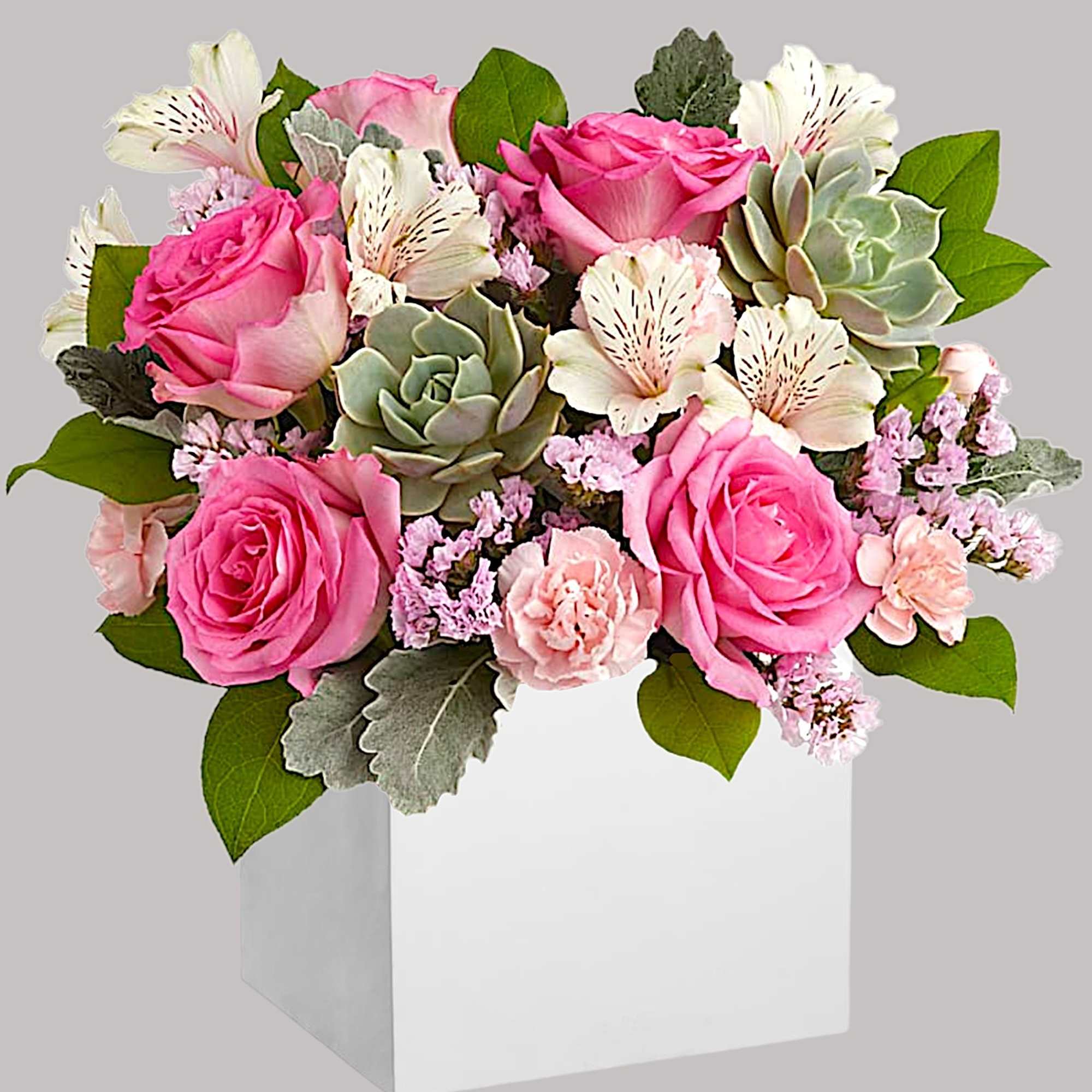 Pink roses and white alstroemeria in a white box with succulents, photo 3 of 4